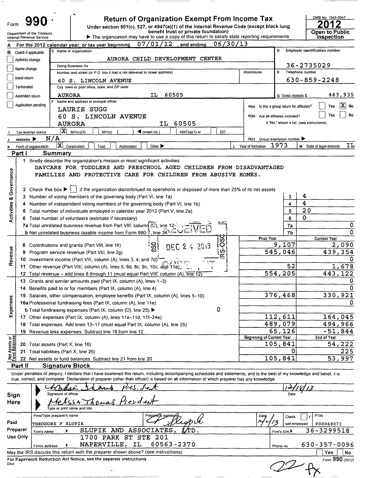 Image of first page of 2012 Form 990 for Aurora Child Development Center