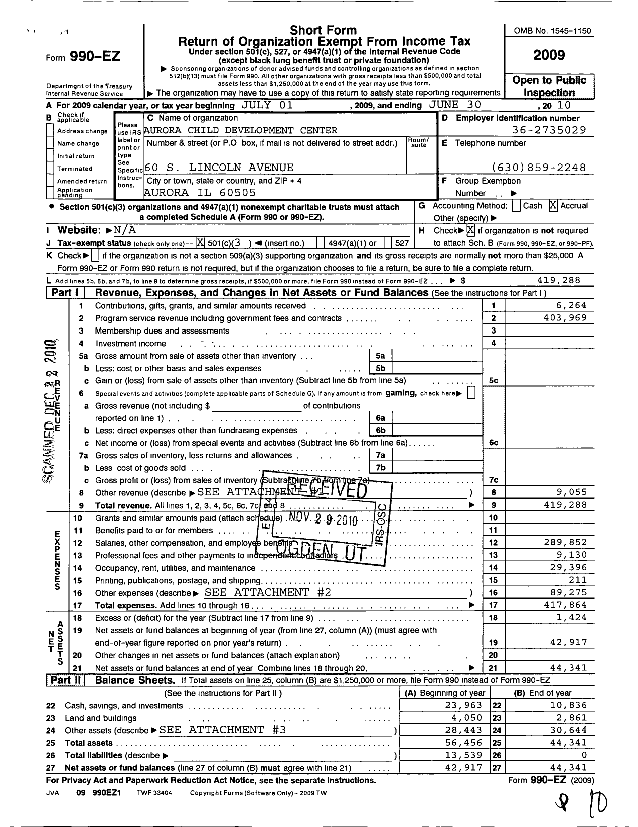 Image of first page of 2009 Form 990EZ for Aurora Child Development Center