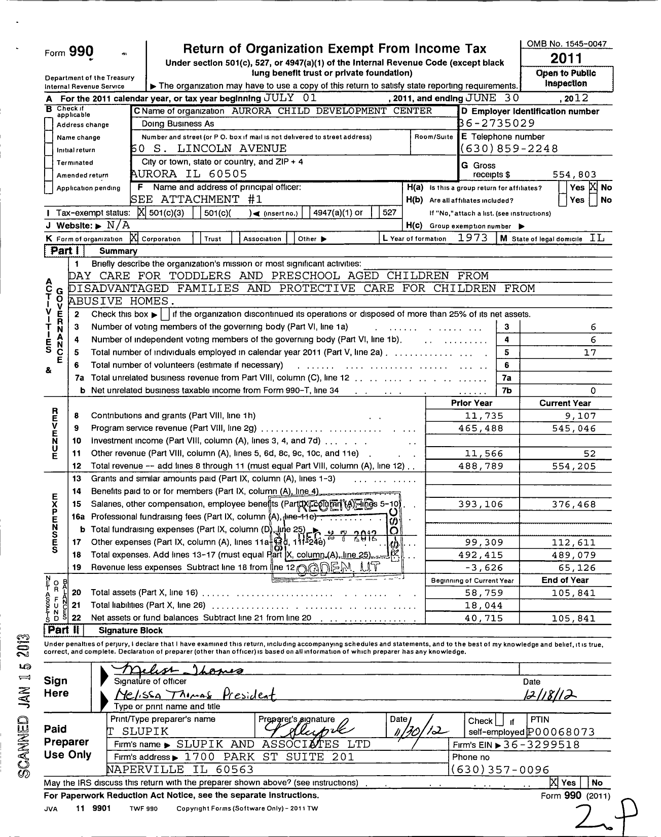 Image of first page of 2011 Form 990 for Aurora Child Development Center