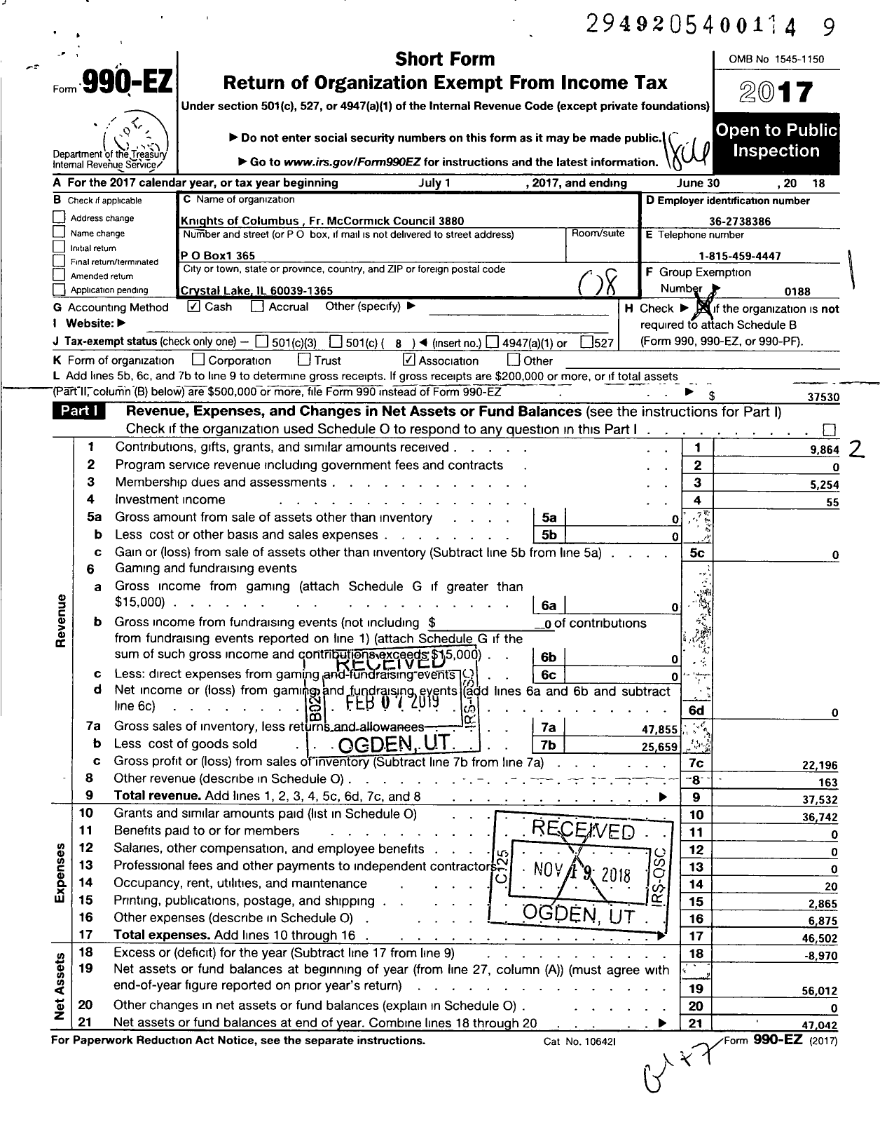 Image of first page of 2017 Form 990EO for Knights of Columbus - 3880 Father Mccormick Council