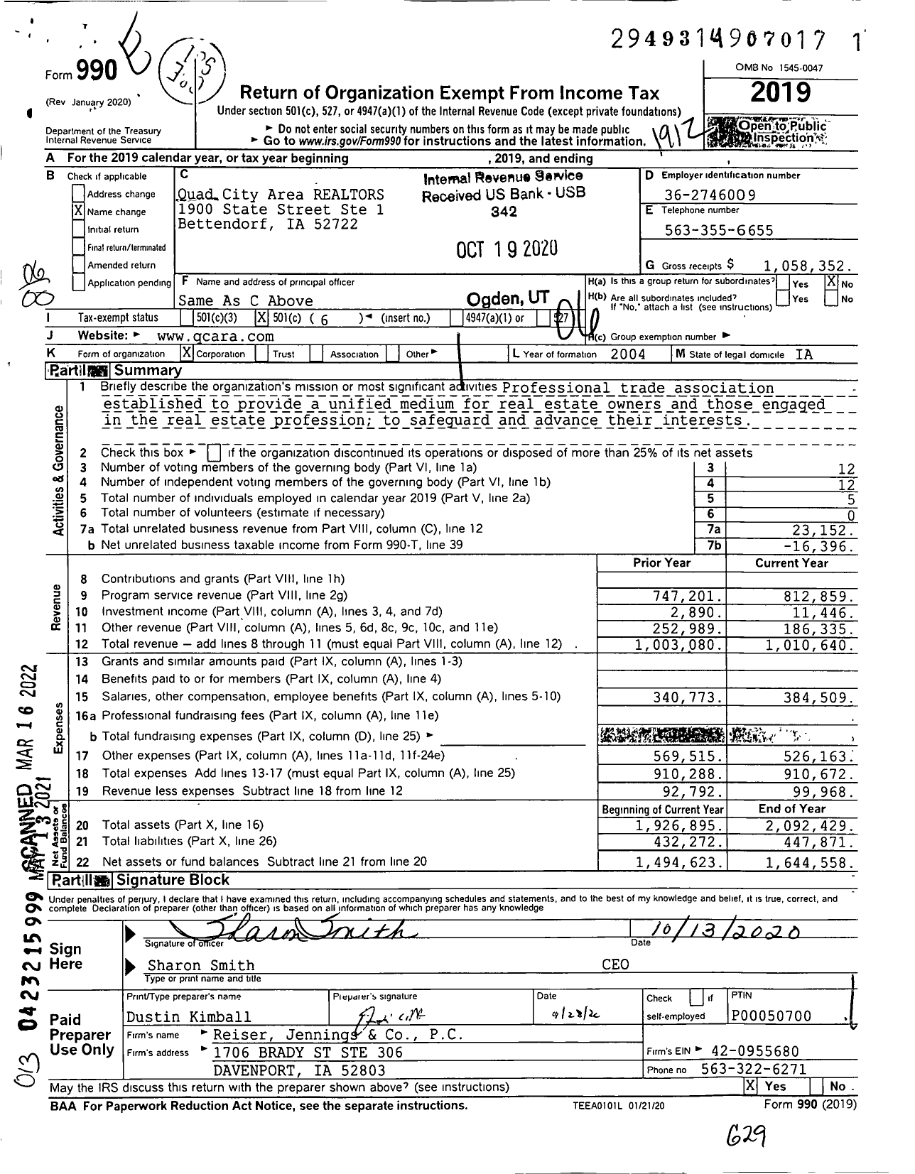 Image of first page of 2019 Form 990O for Quad City Area Realtors (QCARA)