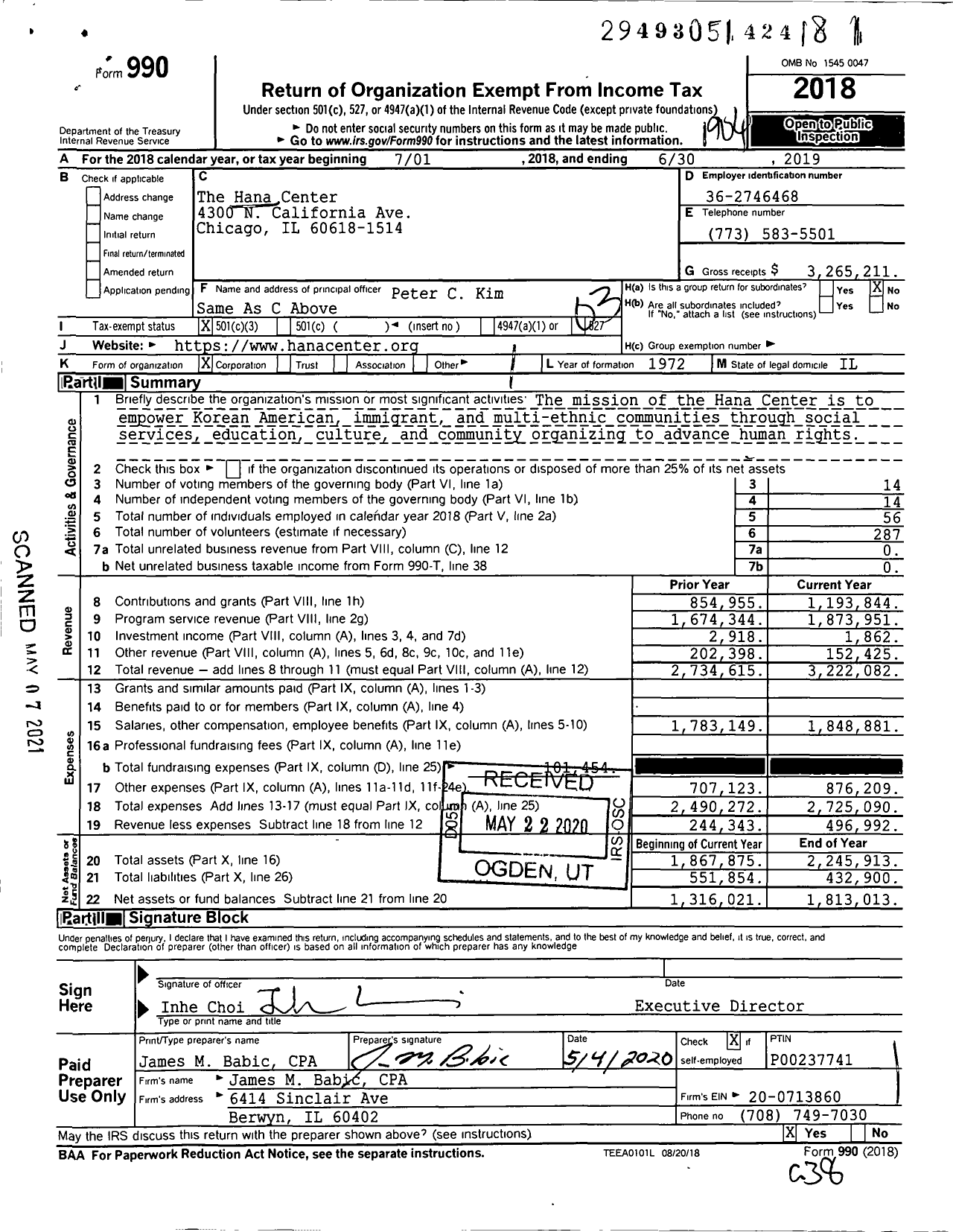 Image of first page of 2018 Form 990 for Korean American Community Services (KACS)