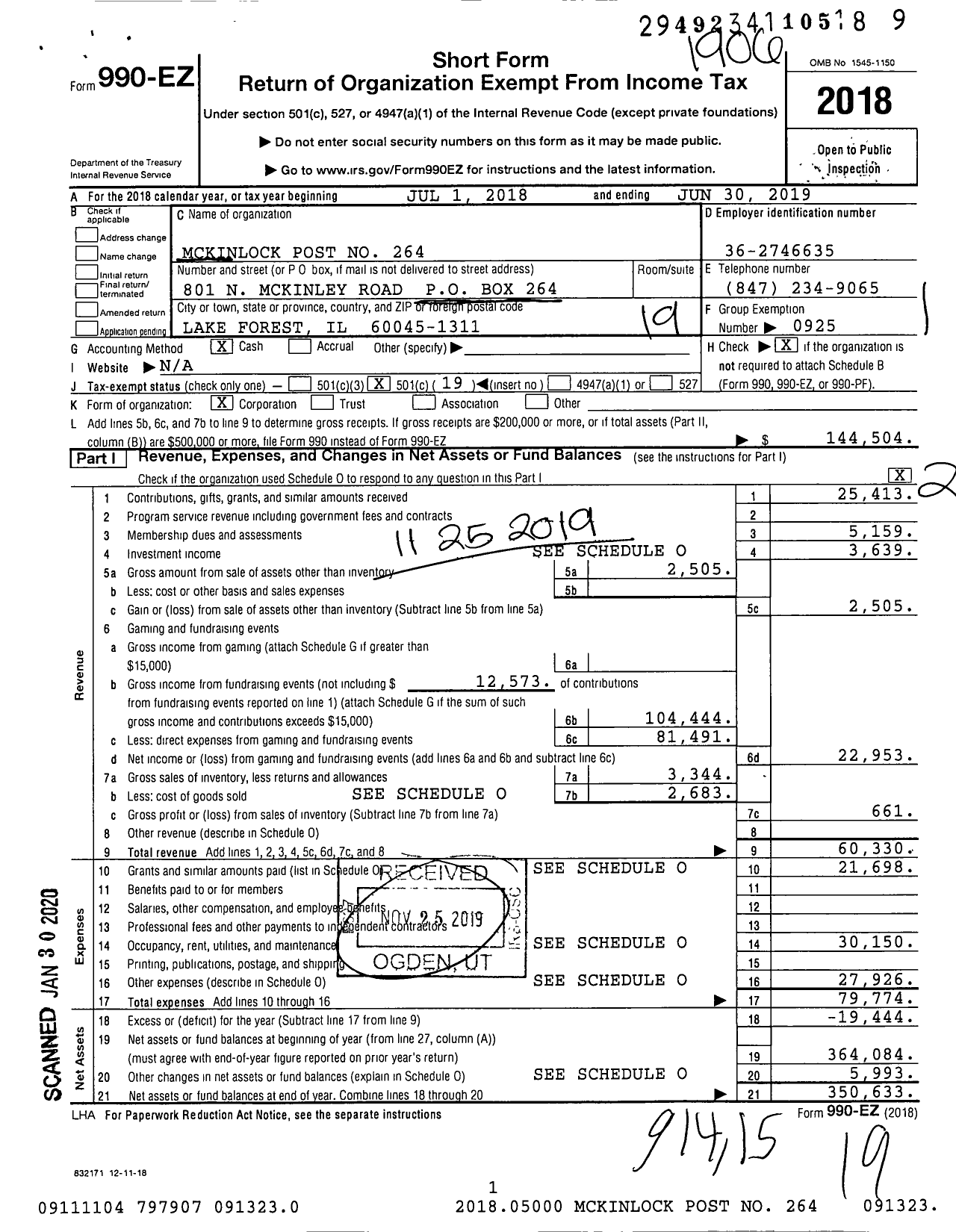 Image of first page of 2018 Form 990EO for American Legion - 264 Mckinlock Post