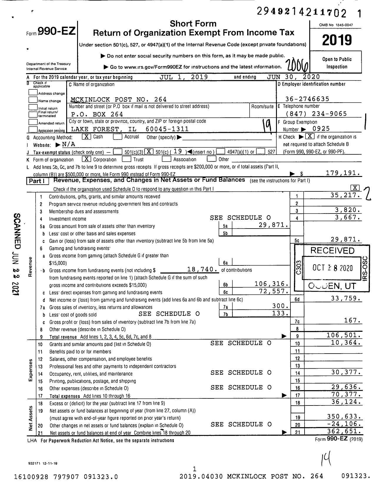 Image of first page of 2019 Form 990EO for American Legion - 264 Mckinlock Post