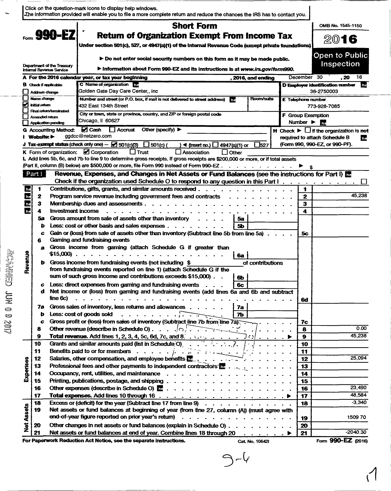 Image of first page of 2016 Form 990EZ for Golden Gate Day Care Center