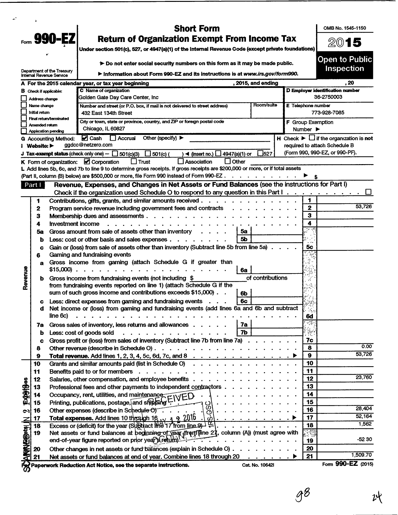 Image of first page of 2015 Form 990EO for Golden Gate Day Care Center