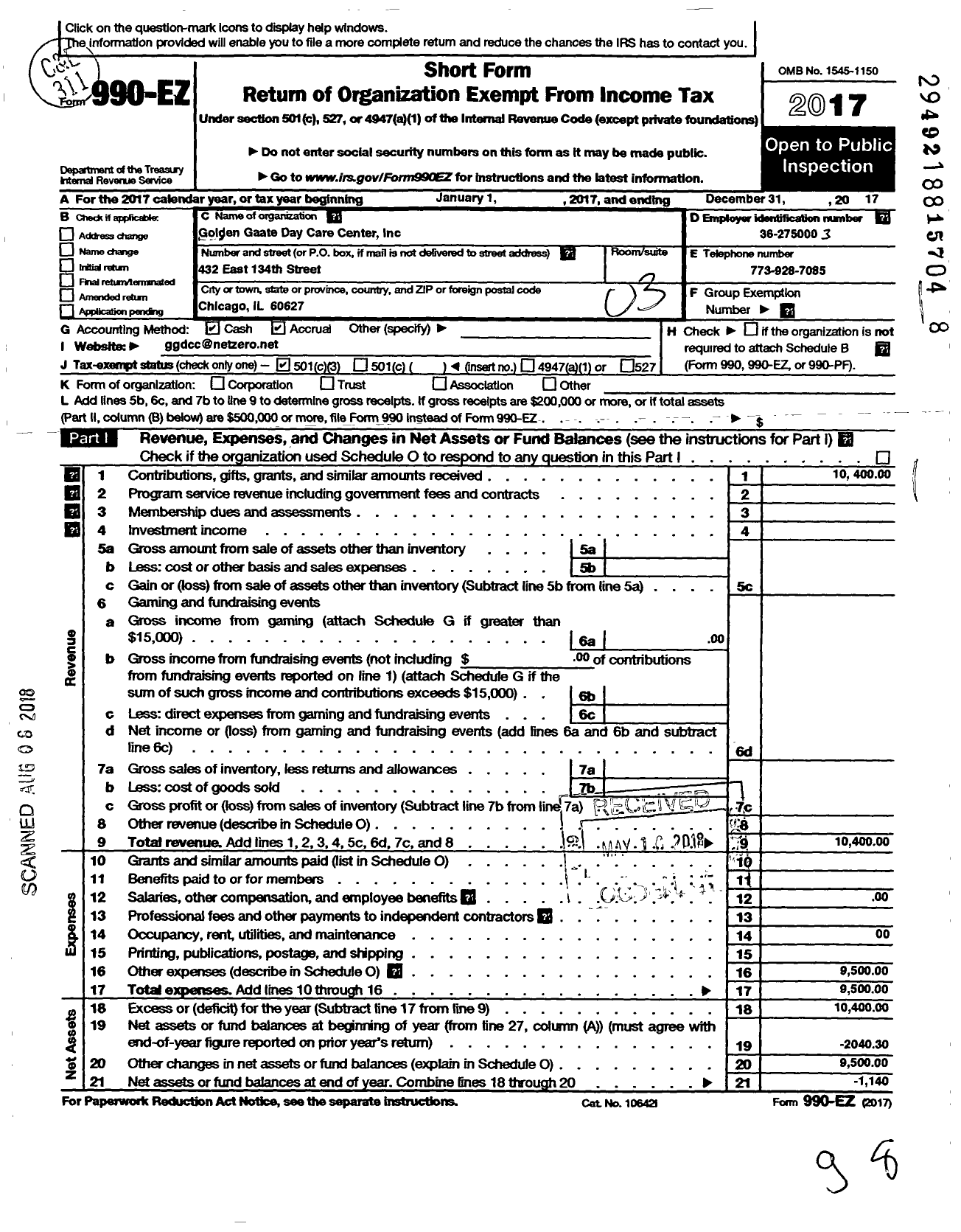 Image of first page of 2017 Form 990EZ for Golden Gate Day Care Center