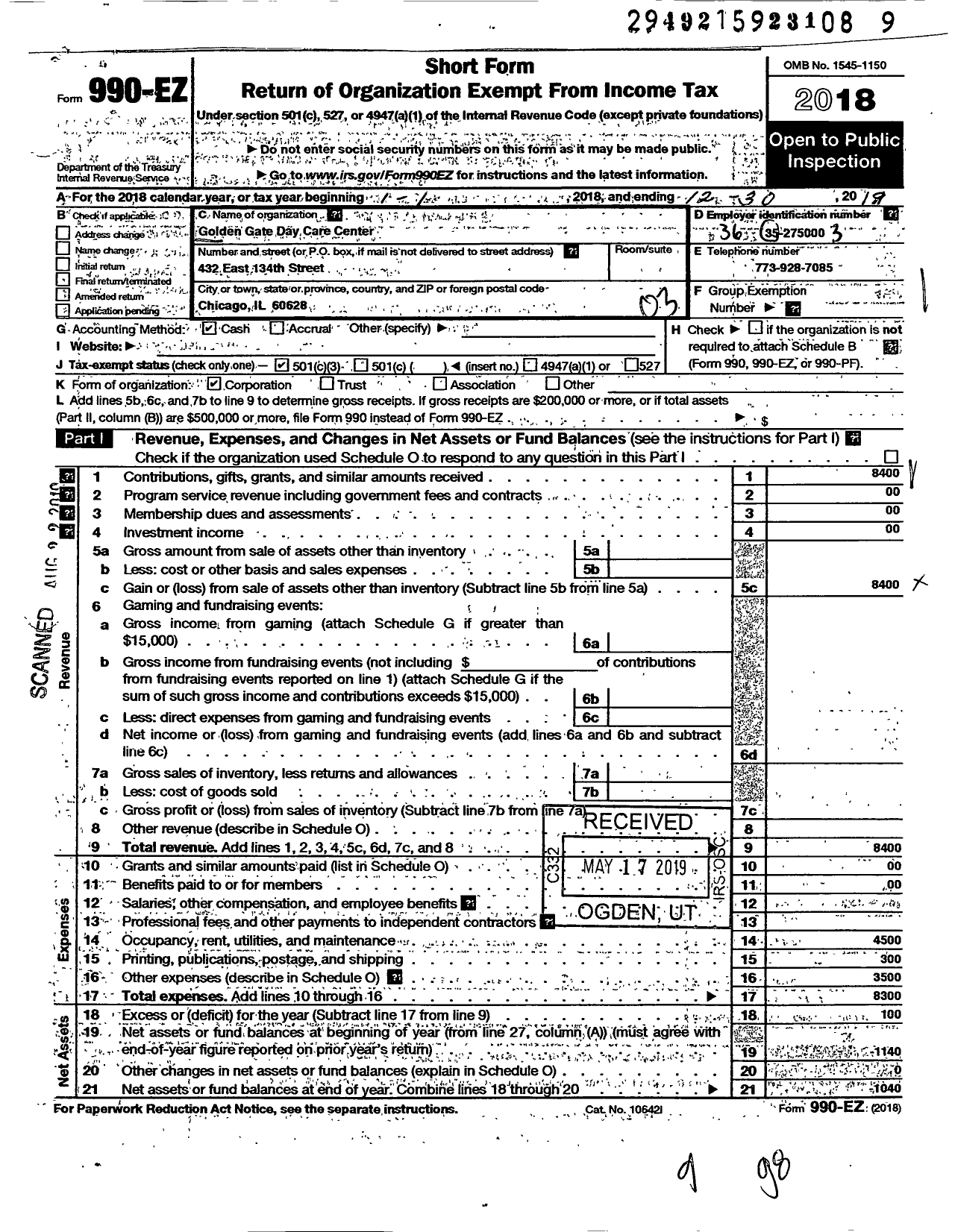 Image of first page of 2019 Form 990EZ for Golden Gate Day Care Center