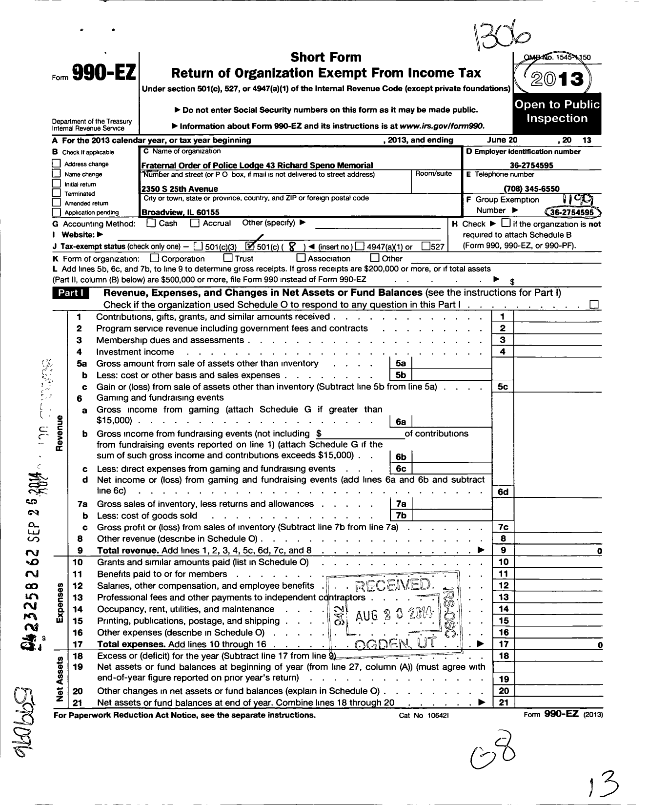 Image of first page of 2012 Form 990EO for Fraternal Order of Police - 43 Richard Speno Memorial