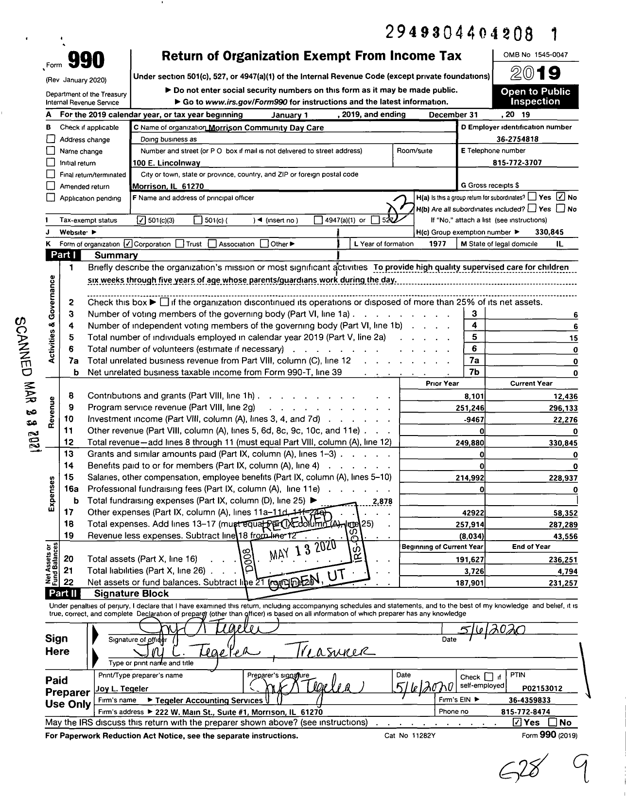 Image of first page of 2019 Form 990 for Morrison Community Day Care Center