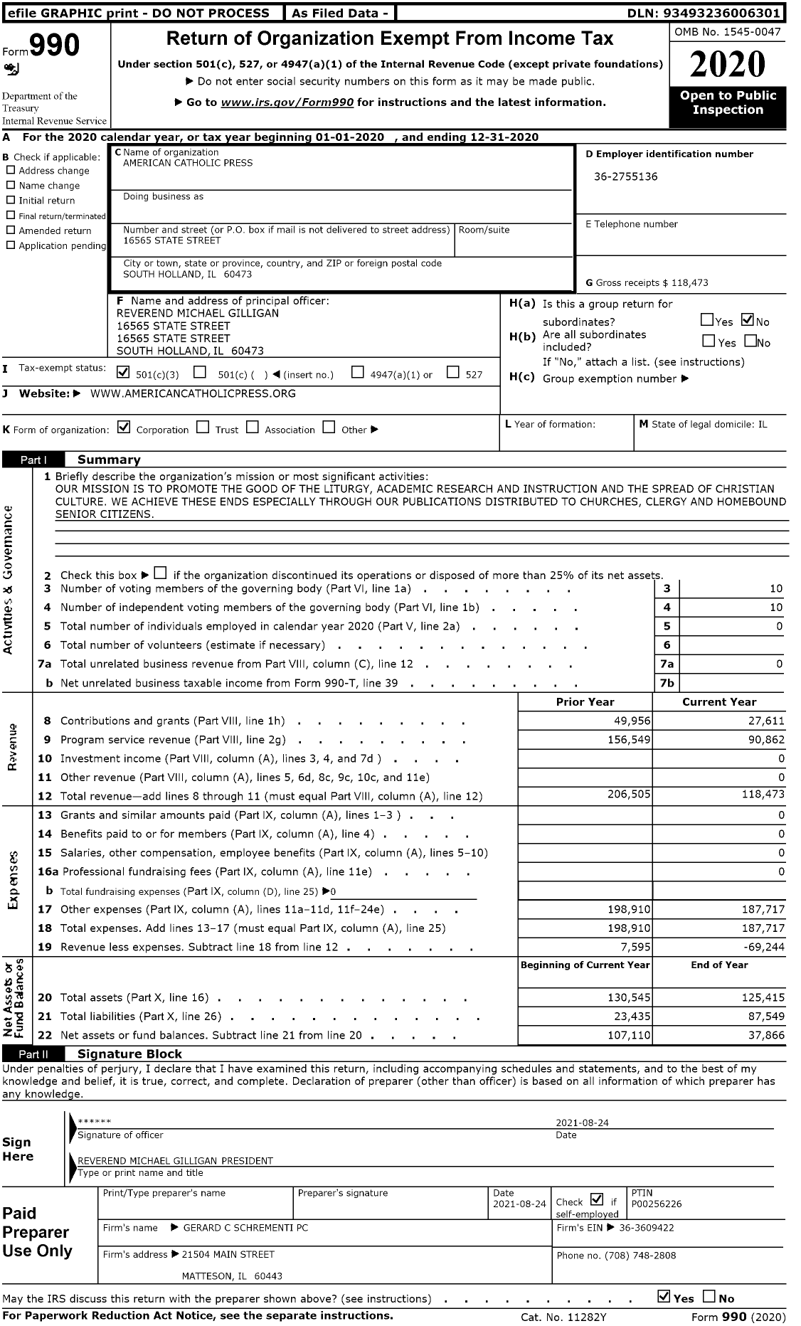 Image of first page of 2020 Form 990 for American Catholic Press