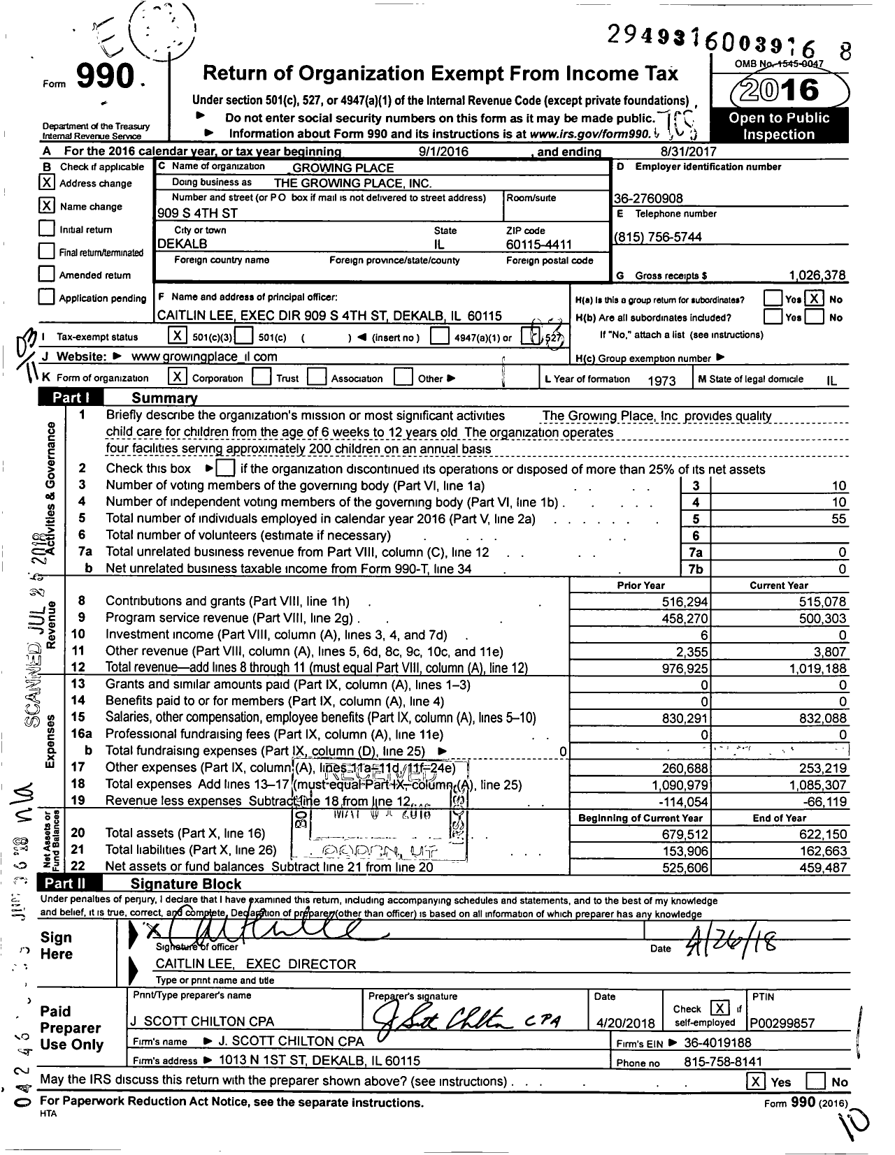 Image of first page of 2016 Form 990 for The Growing Place