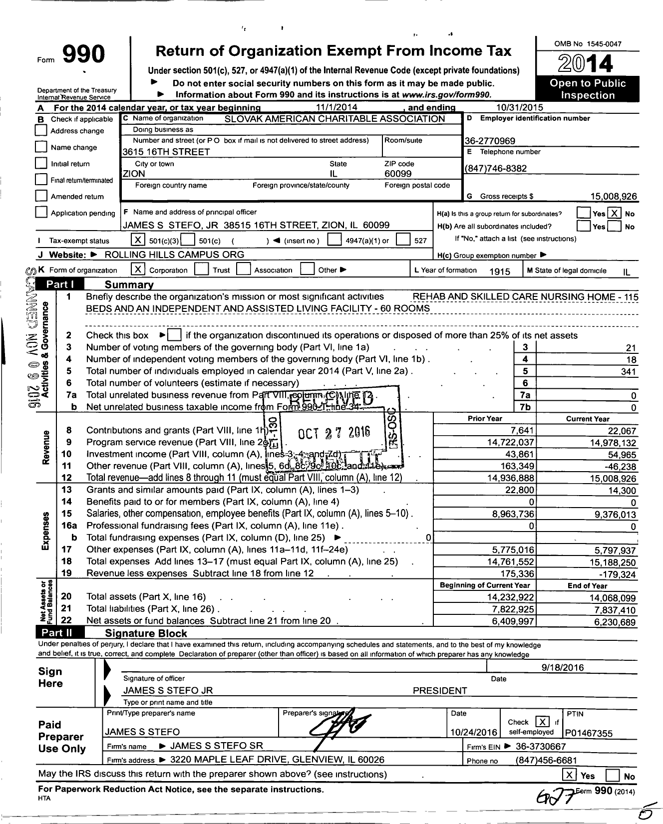 Image of first page of 2014 Form 990 for Slovak American Charitable Association