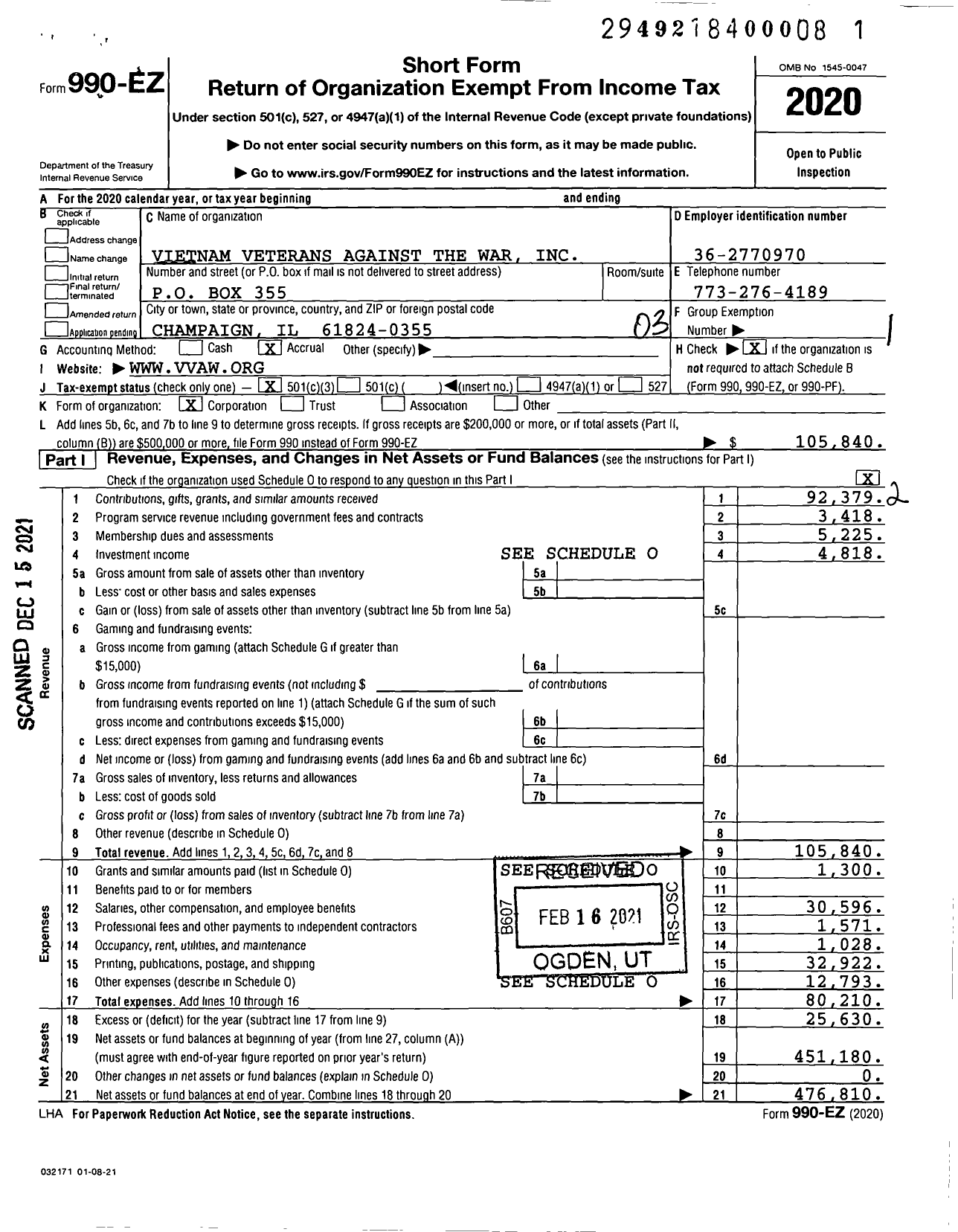 Image of first page of 2020 Form 990EZ for Vietnam Veterans Against the War