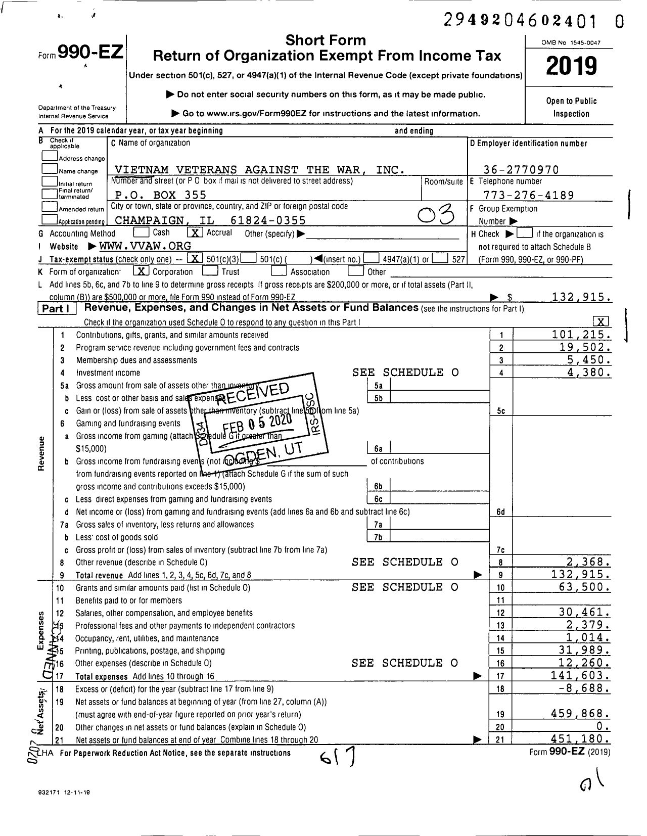 Image of first page of 2019 Form 990EZ for Vietnam Veterans Against the War