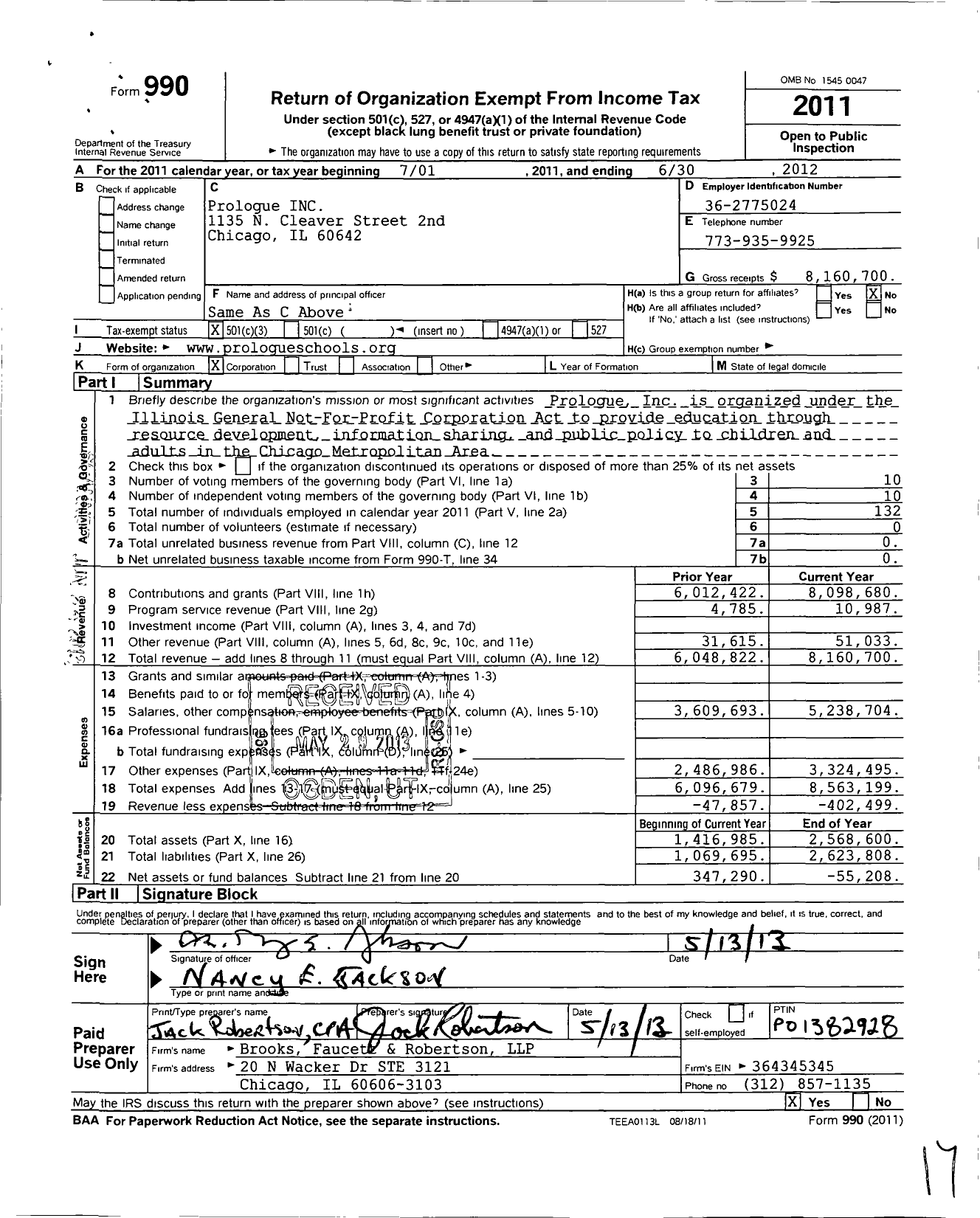 Image of first page of 2011 Form 990 for Prologue