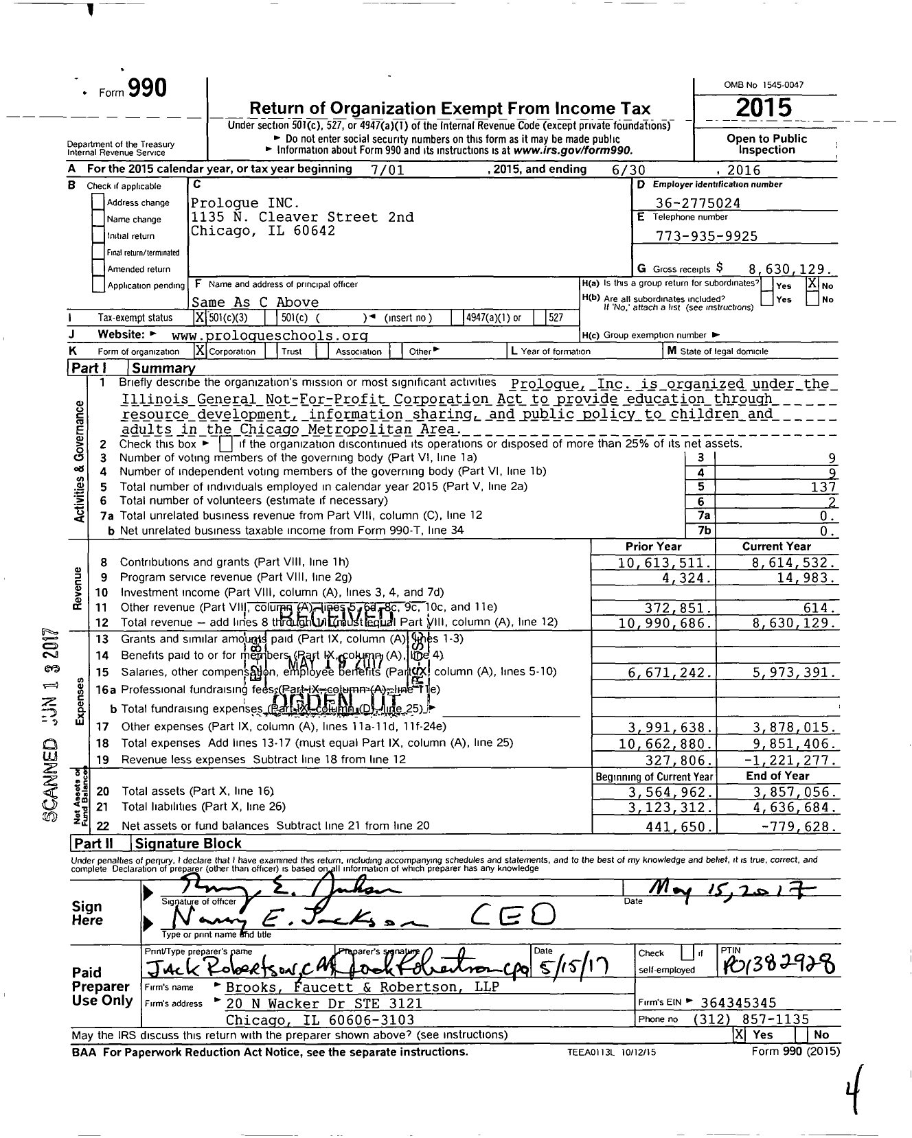 Image of first page of 2015 Form 990 for Prologue