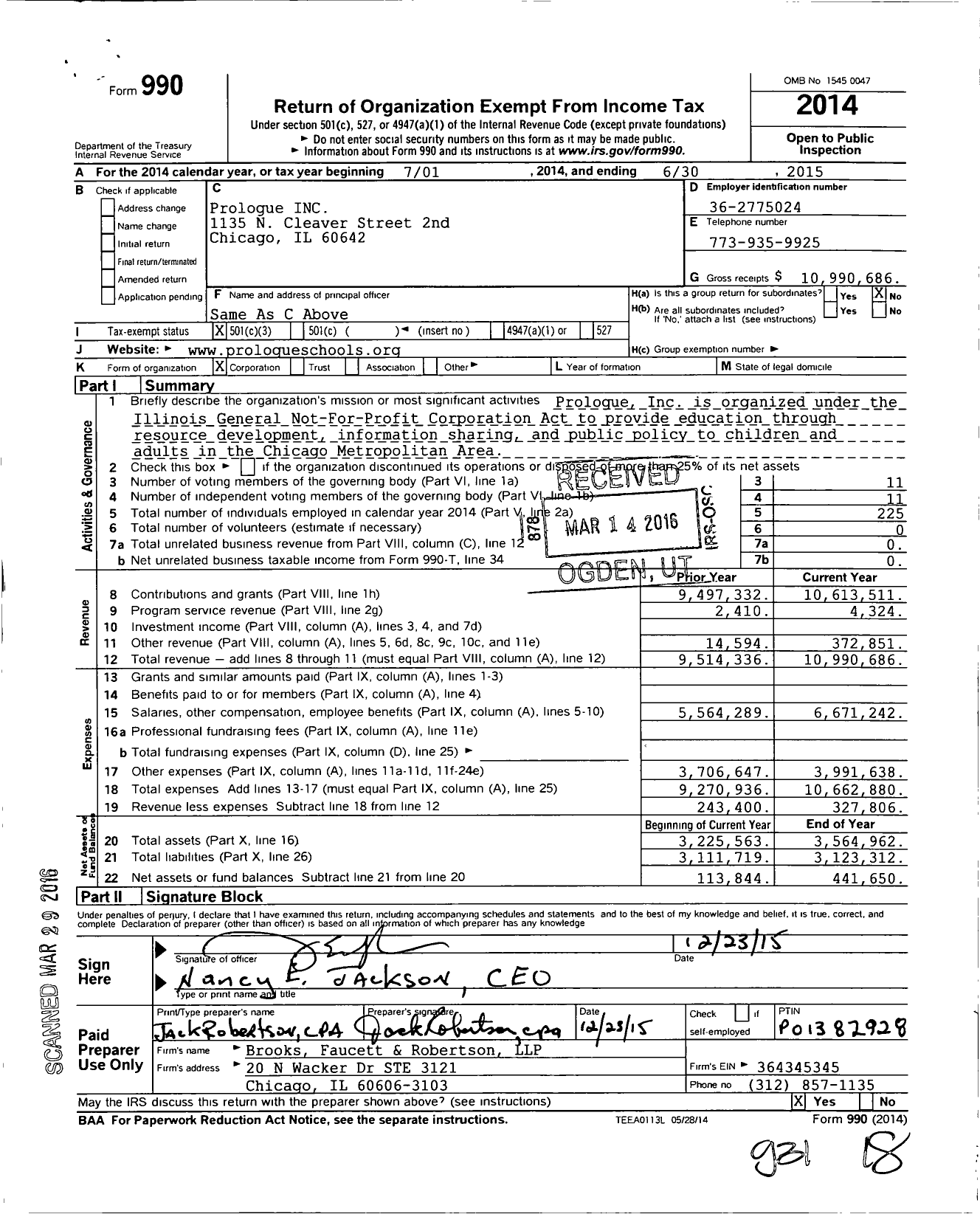 Image of first page of 2014 Form 990 for Prologue