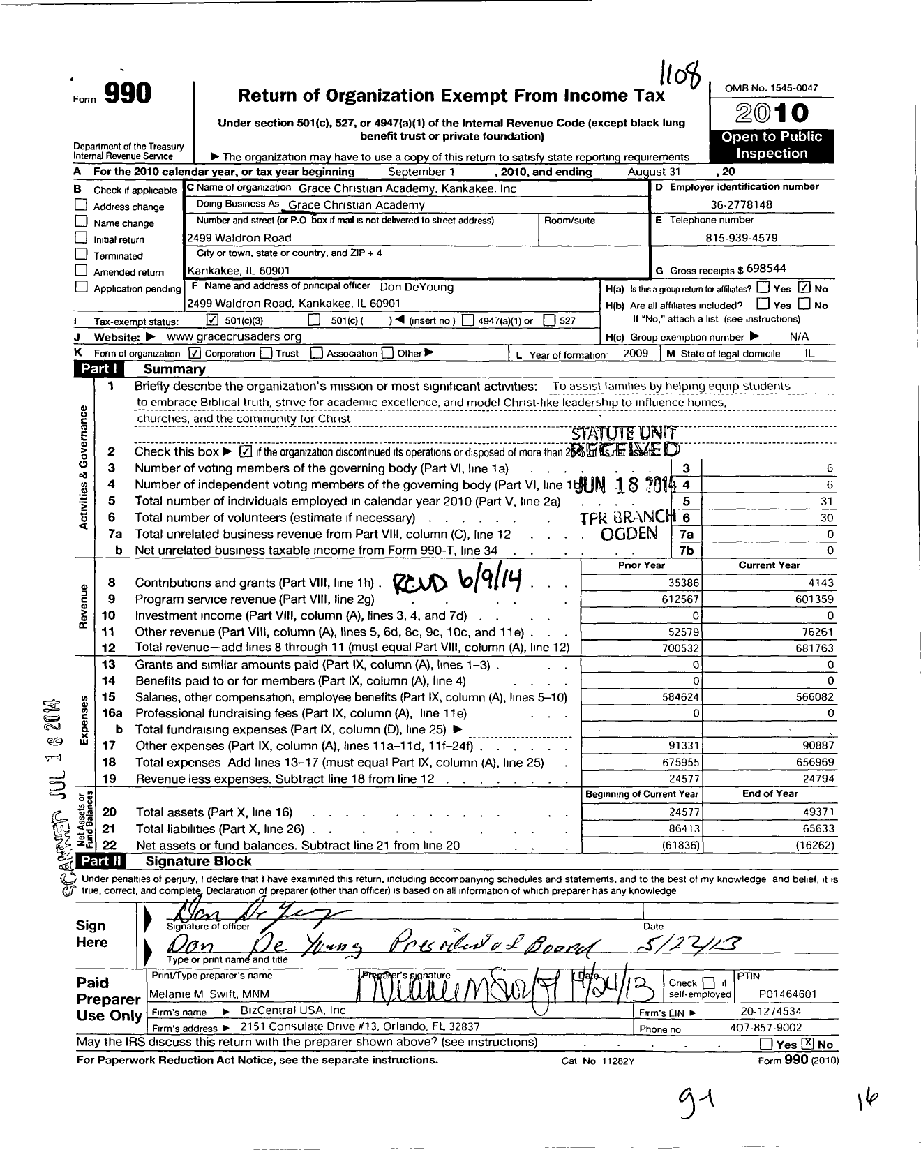 Image of first page of 2010 Form 990 for Grace Christian Academy Kankakee