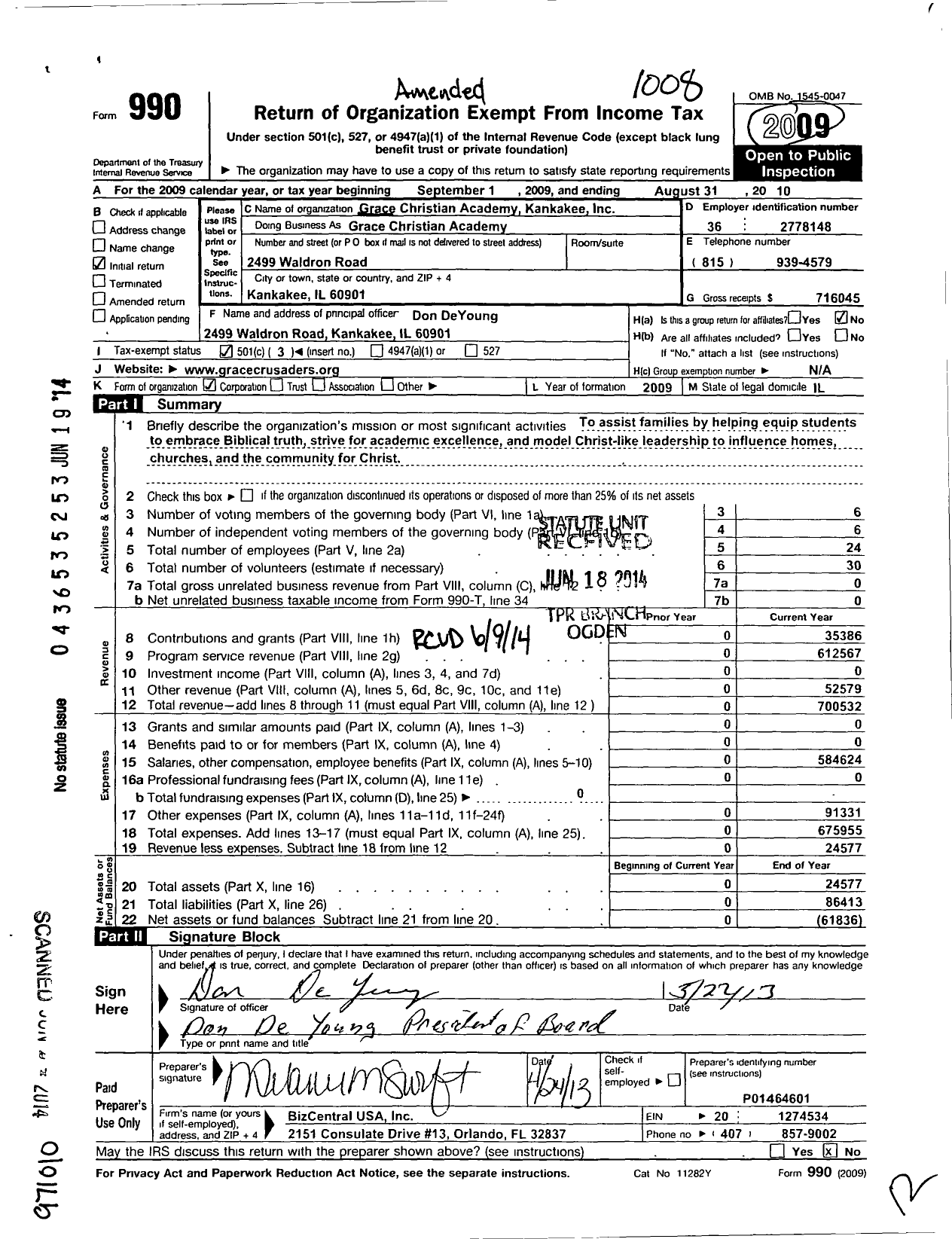 Image of first page of 2009 Form 990 for Grace Christian Academy Kankakee