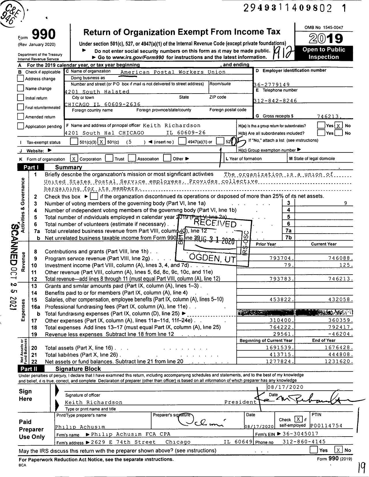 Image of first page of 2019 Form 990O for American Postal Workers Union - 1 Chicago Local