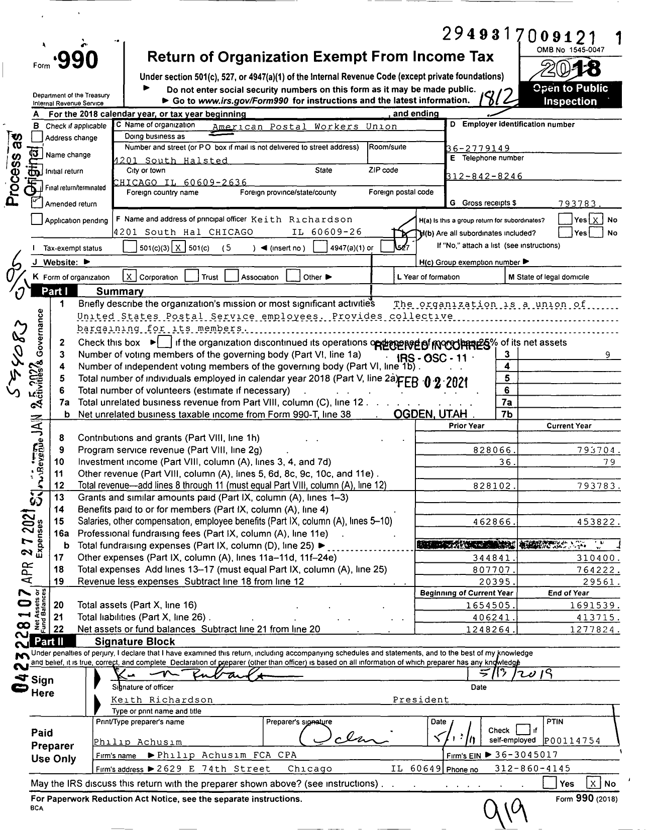 Image of first page of 2018 Form 990O for American Postal Workers Union - 1 Chicago Local