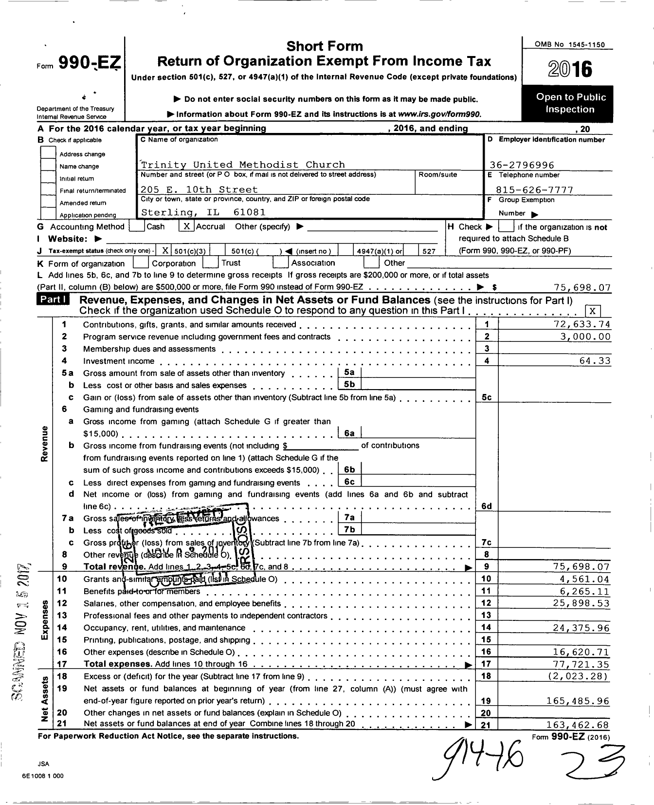 Image of first page of 2016 Form 990EZ for Trinity United Methodist Church