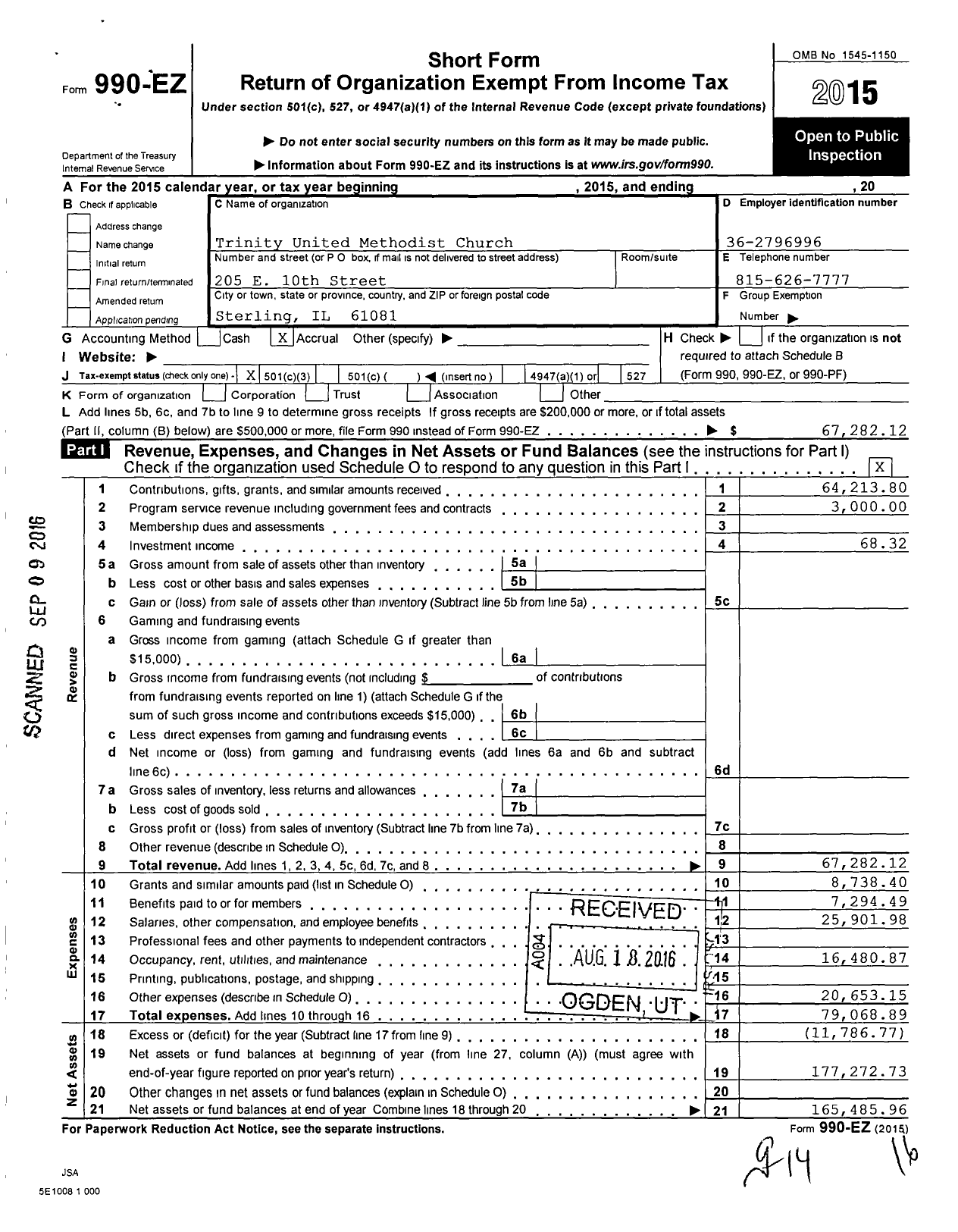 Image of first page of 2015 Form 990EZ for Trinity United Methodist Church