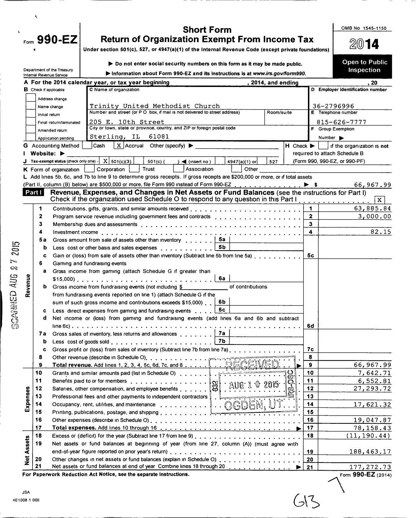 Image of first page of 2014 Form 990EZ for Trinity United Methodist Church