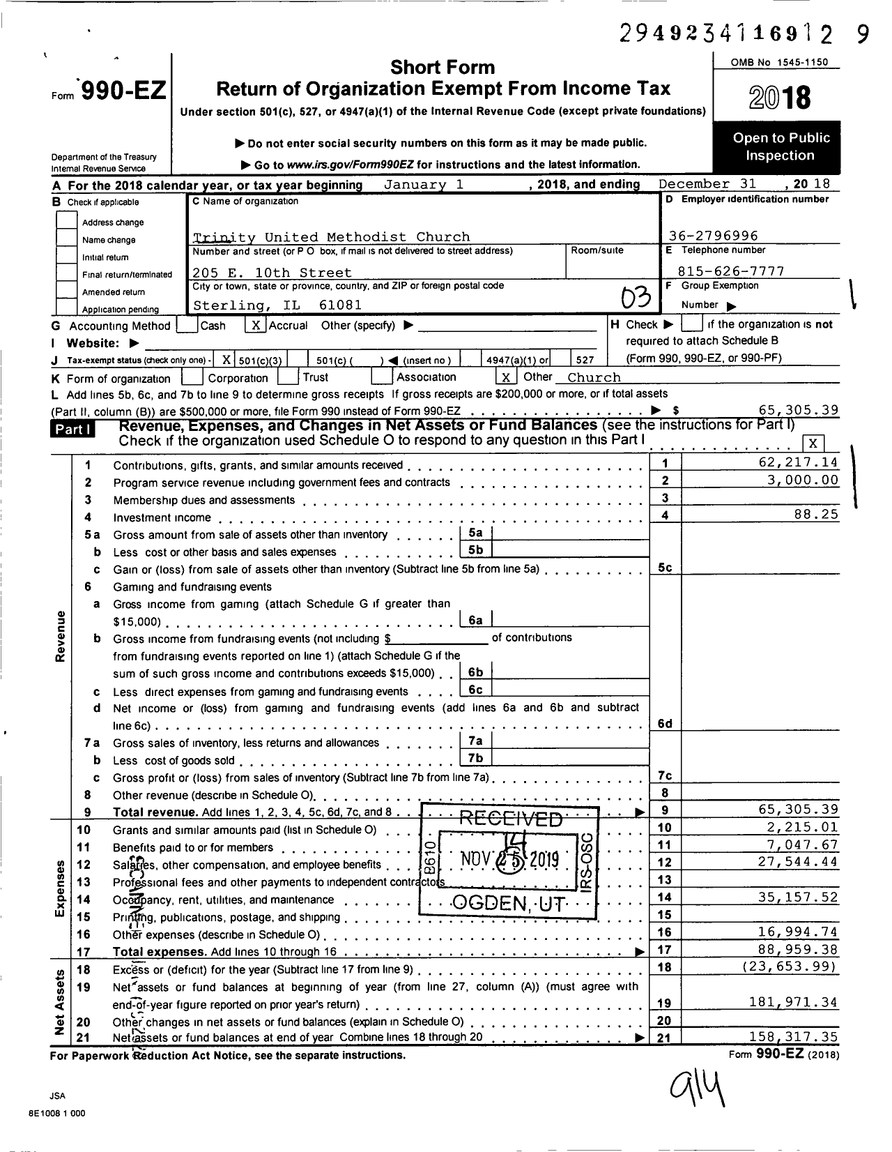 Image of first page of 2018 Form 990EZ for Trinity United Methodist Church