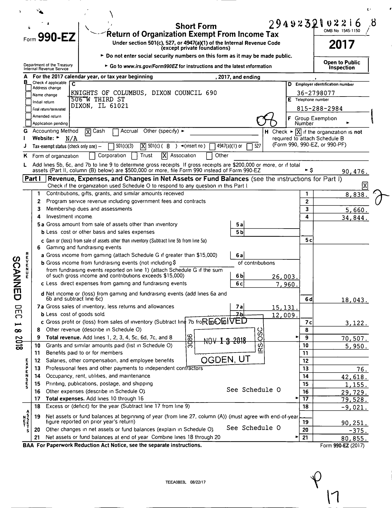 Image of first page of 2017 Form 990EO for Knights of Columbus - 690 Galena Council