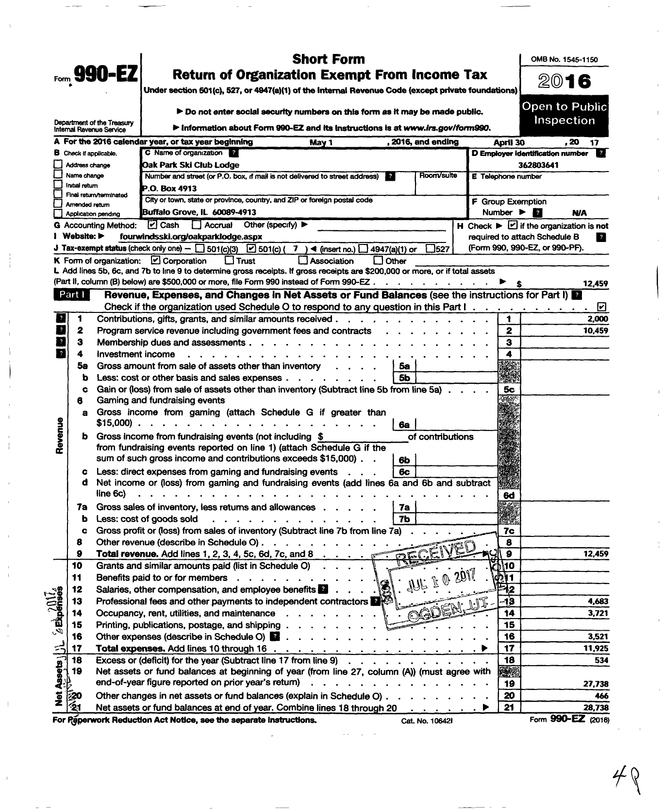 Image of first page of 2016 Form 990EO for Opsc Lodge Corp Oak Park Ski Club Lodge Corporation