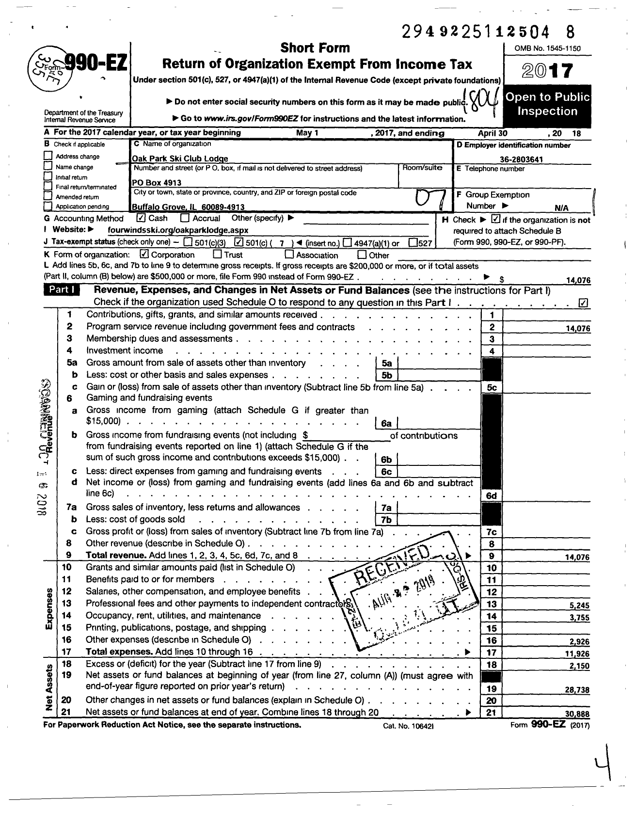 Image of first page of 2017 Form 990EO for Opsc Lodge Corp Oak Park Ski Club Lodge Corporation