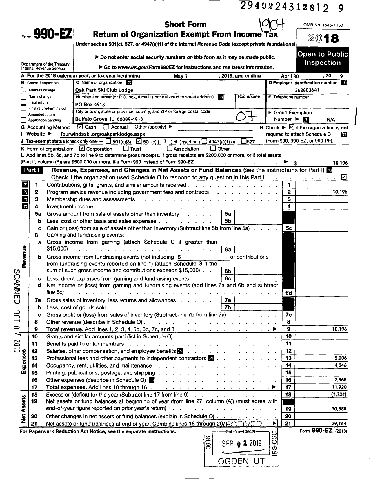 Image of first page of 2018 Form 990EO for Opsc Lodge Corp Oak Park Ski Club Lodge Corporation