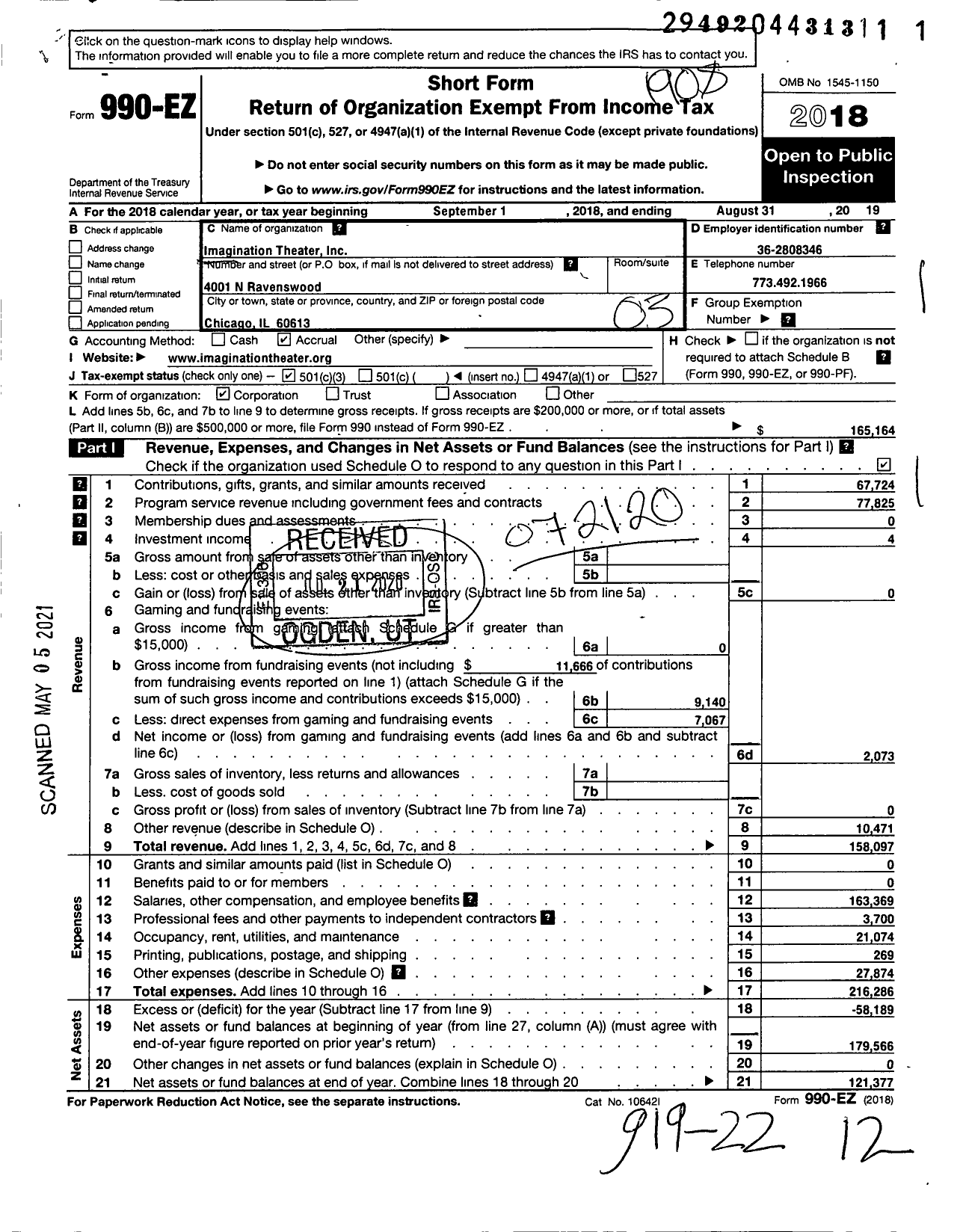 Image of first page of 2018 Form 990EZ for Imagination Theatre