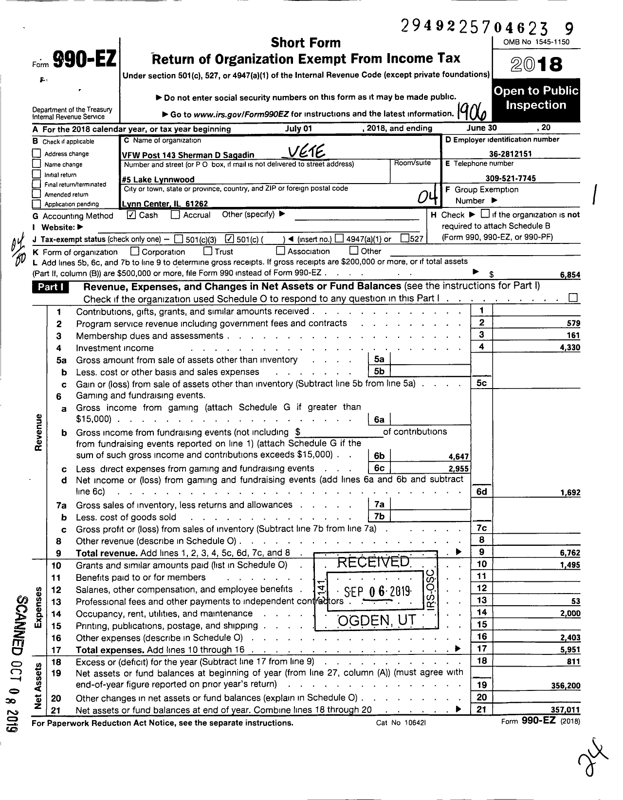 Image of first page of 2018 Form 990EO for VFW Dept of Illinois - 0143 Sherman J Sagadin