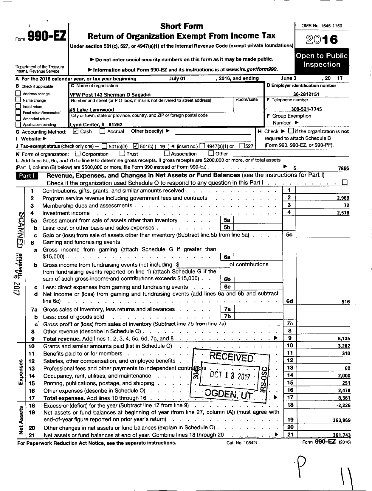 Image of first page of 2016 Form 990EO for VFW Dept of Illinois - 0143 Sherman J Sagadin