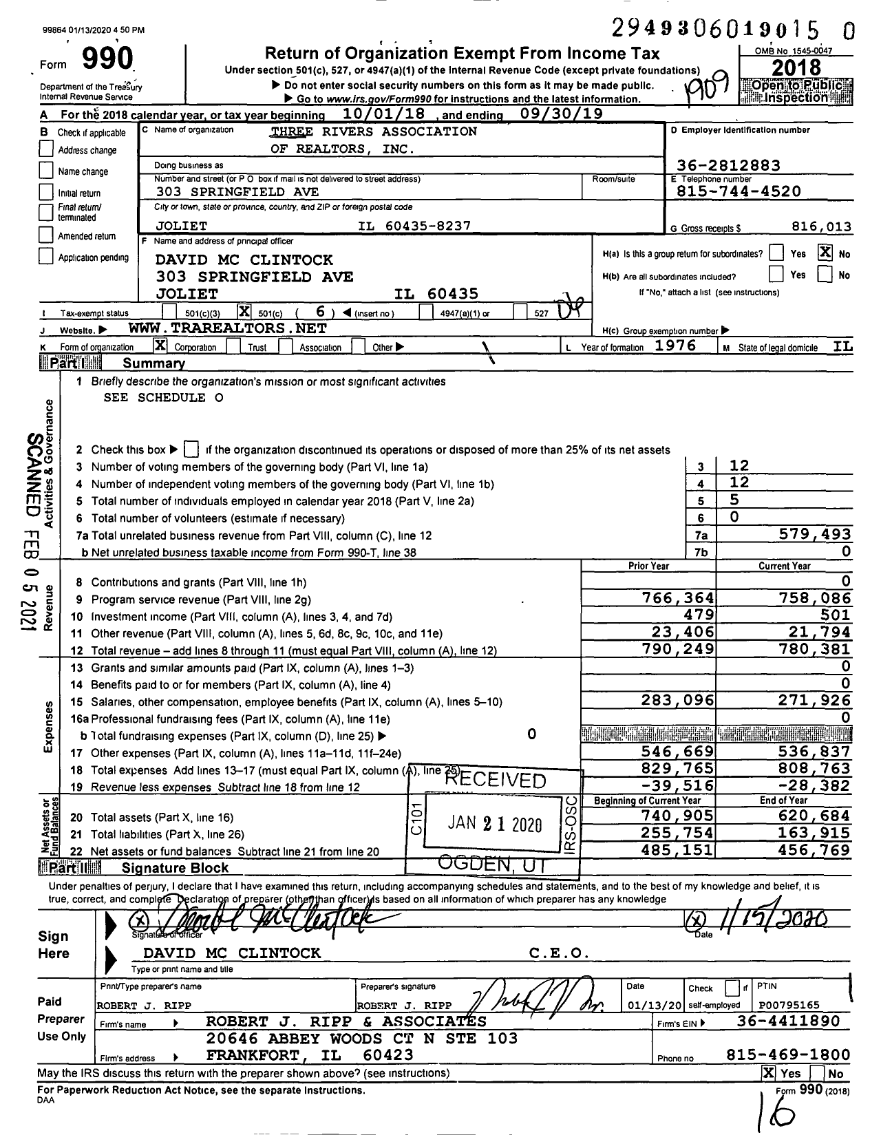 Image of first page of 2018 Form 990O for Three Rivers Association of Realtors