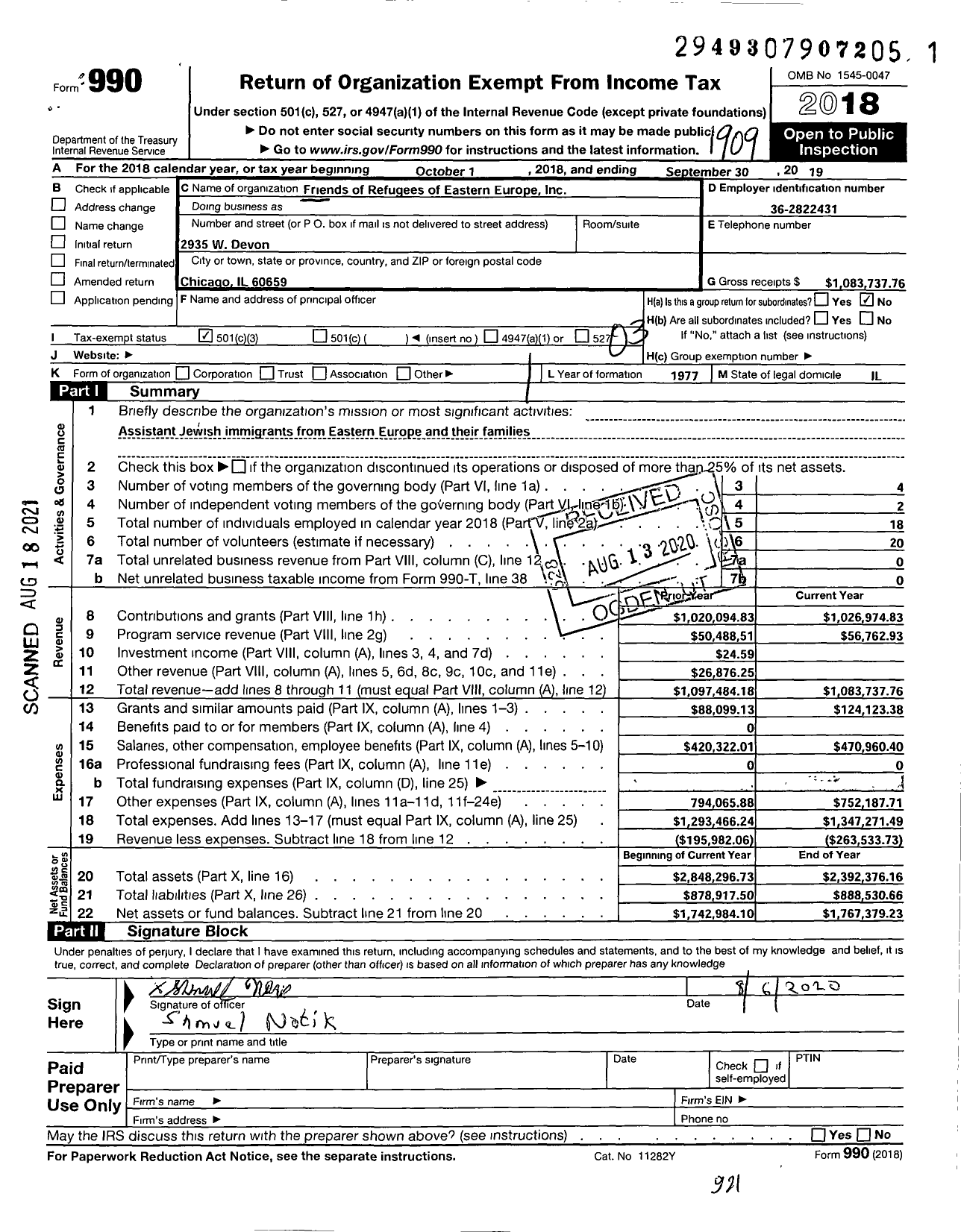 Image of first page of 2018 Form 990 for Friends of Refugees of Eastern Europe (FREE)