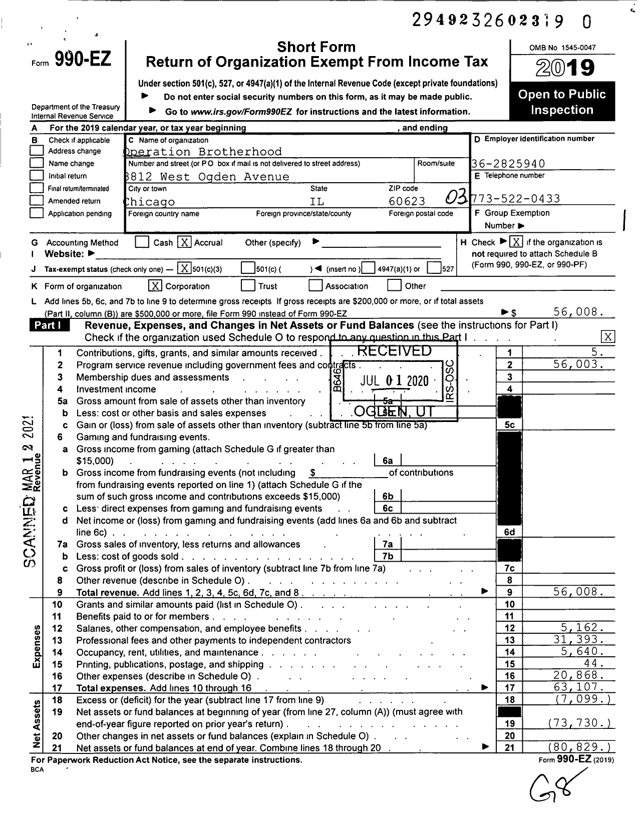 Image of first page of 2019 Form 990EZ for Operation Brotherhood