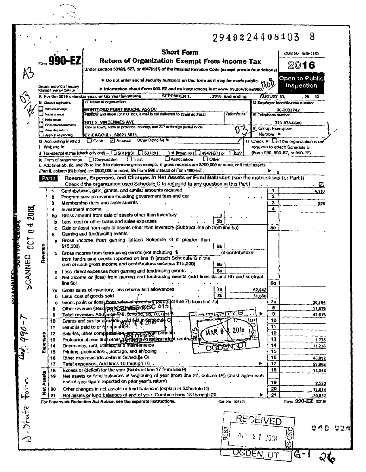 Image of first page of 2016 Form 990EZ for Montford Point Marine Association