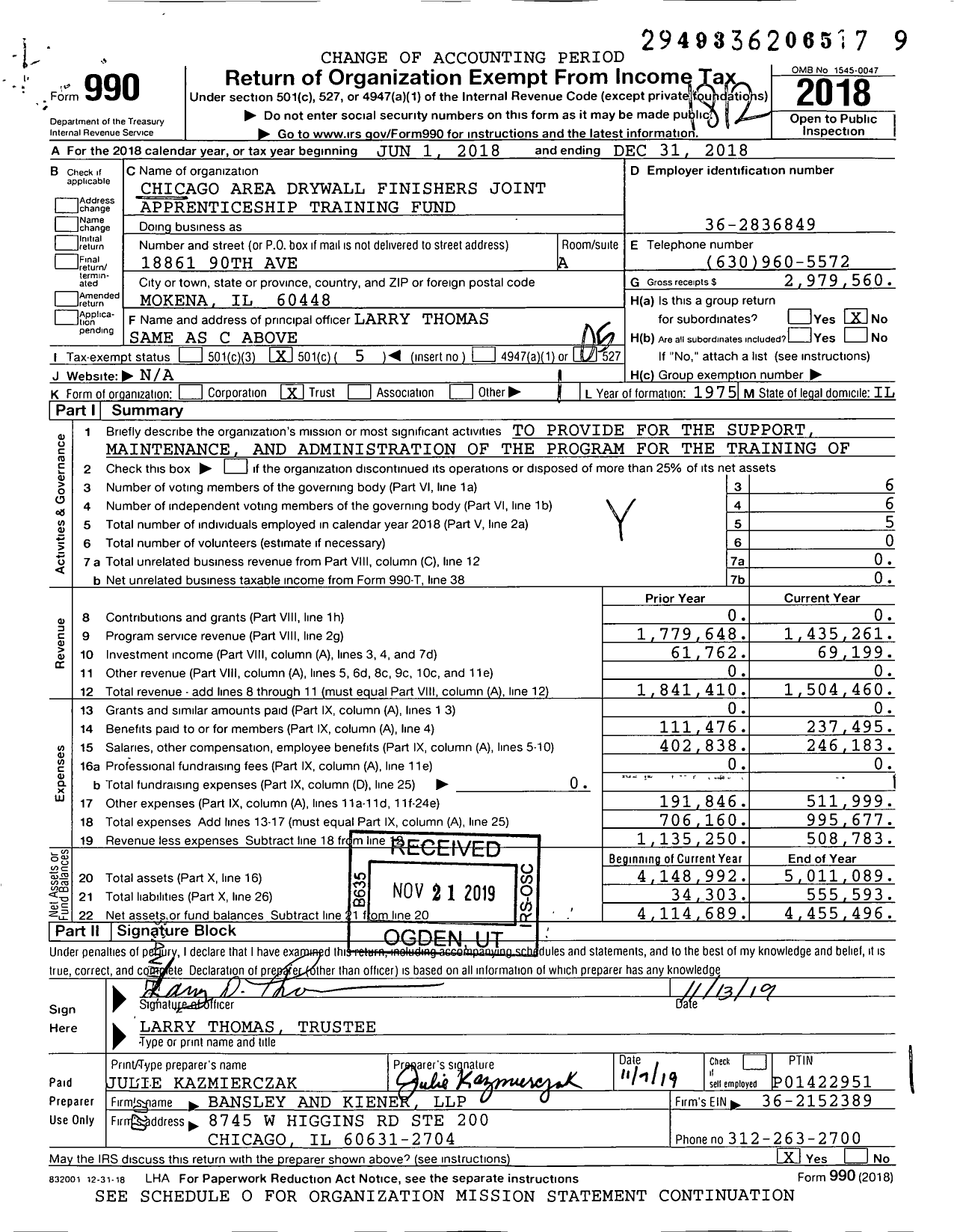 Image of first page of 2018 Form 990O for Chicago Area Drywall Finishers Joint Apprenticeship Training Fund