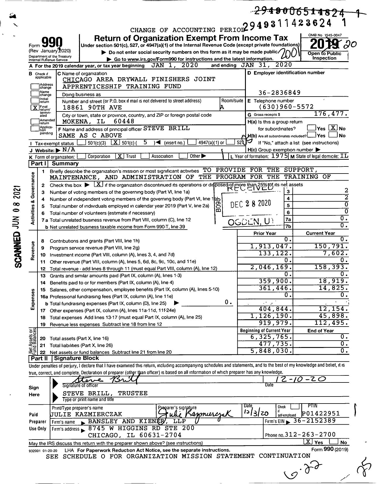 Image of first page of 2019 Form 990O for Chicago Area Drywall Finishers Joint Apprenticeship Training Fund