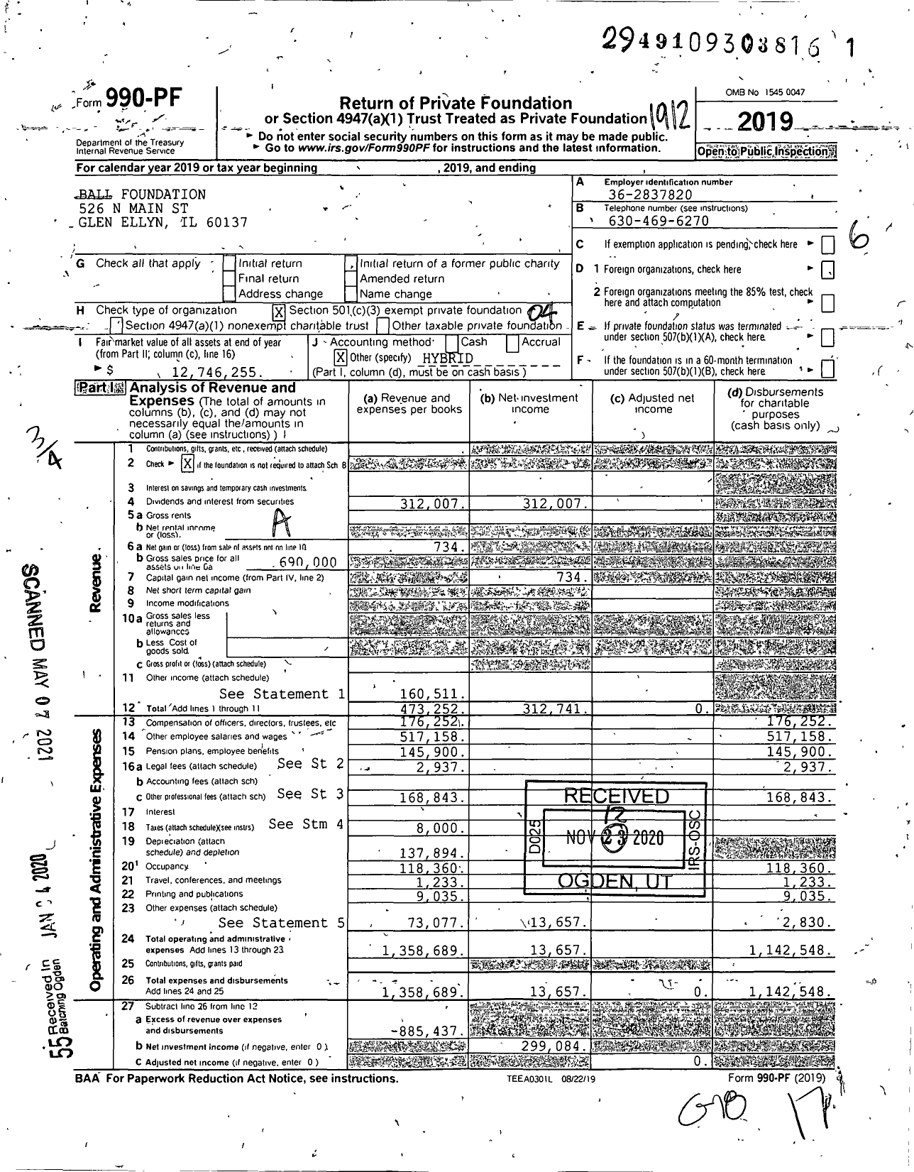 Image of first page of 2019 Form 990PF for Ball Foundation