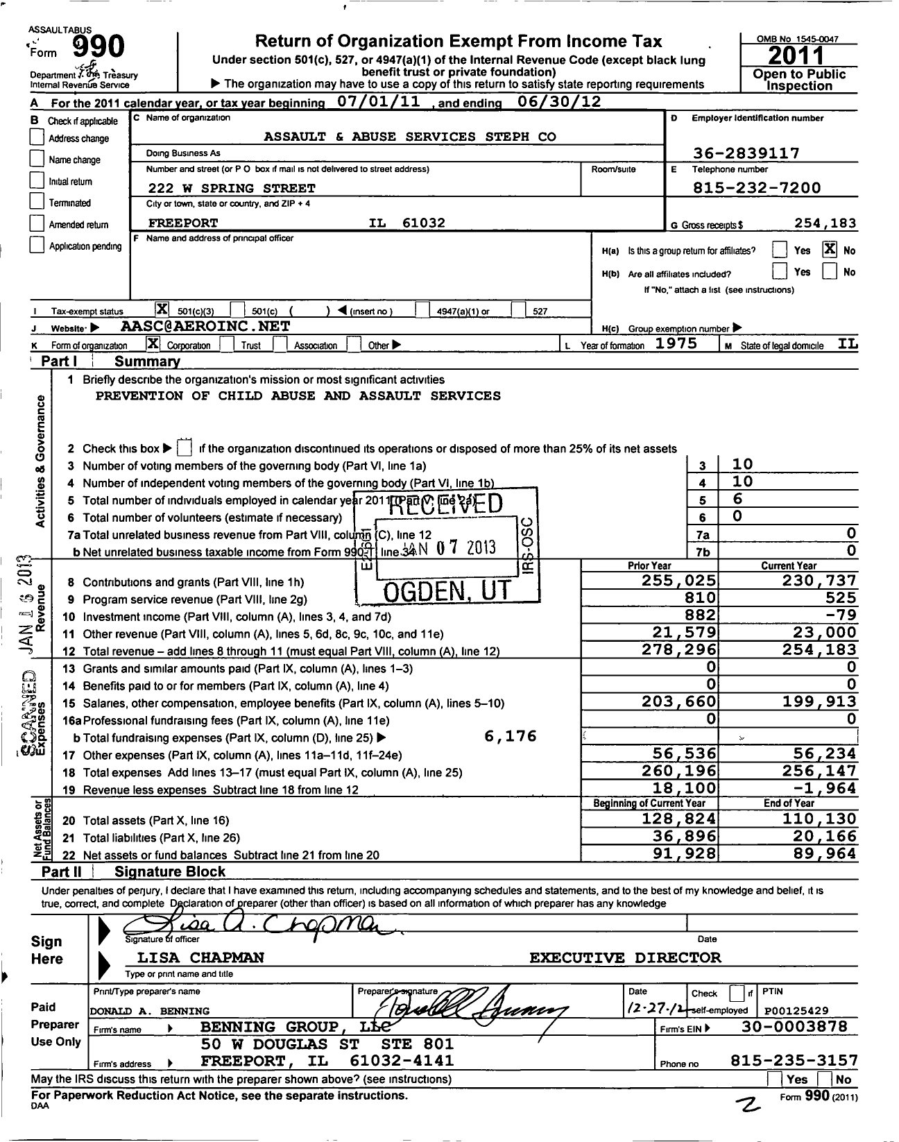 Image of first page of 2011 Form 990 for Assault and Abuse Services Steph
