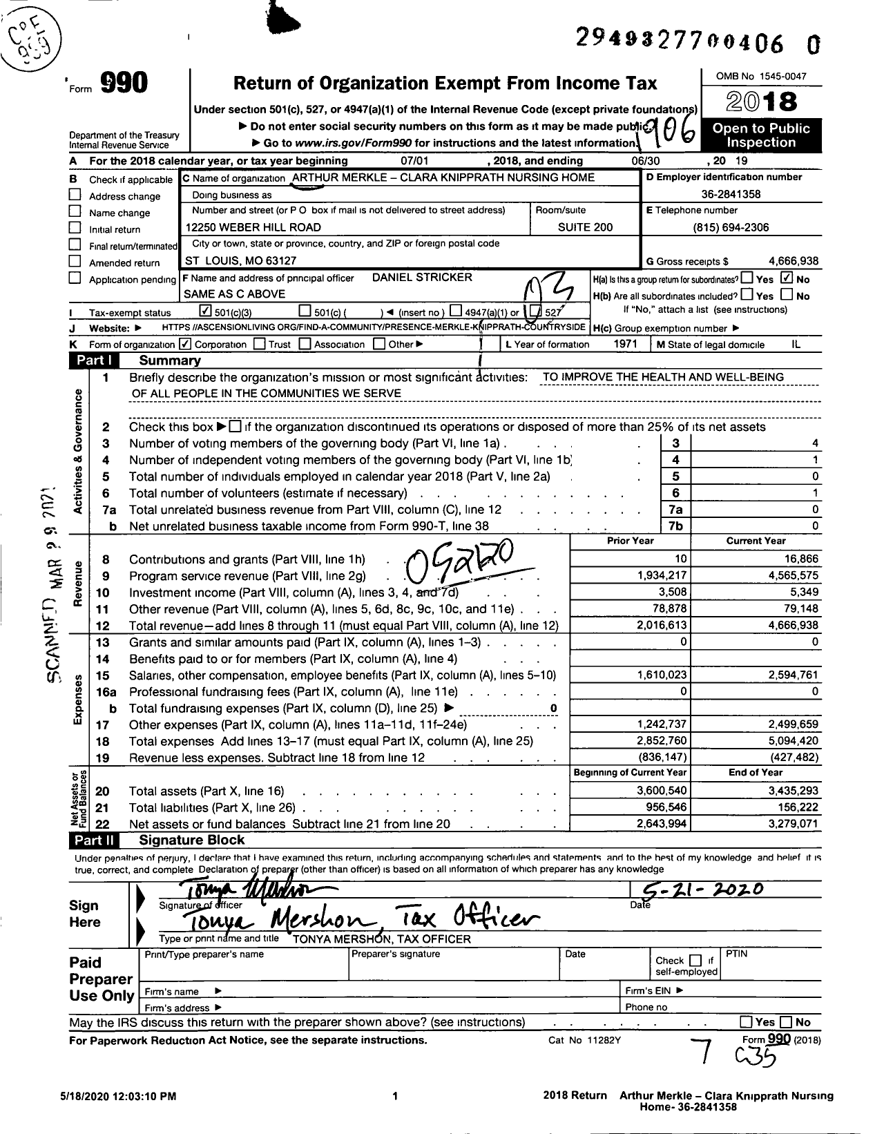 Image of first page of 2018 Form 990 for Arthur Merkle Clara Knipprath Nursing Home