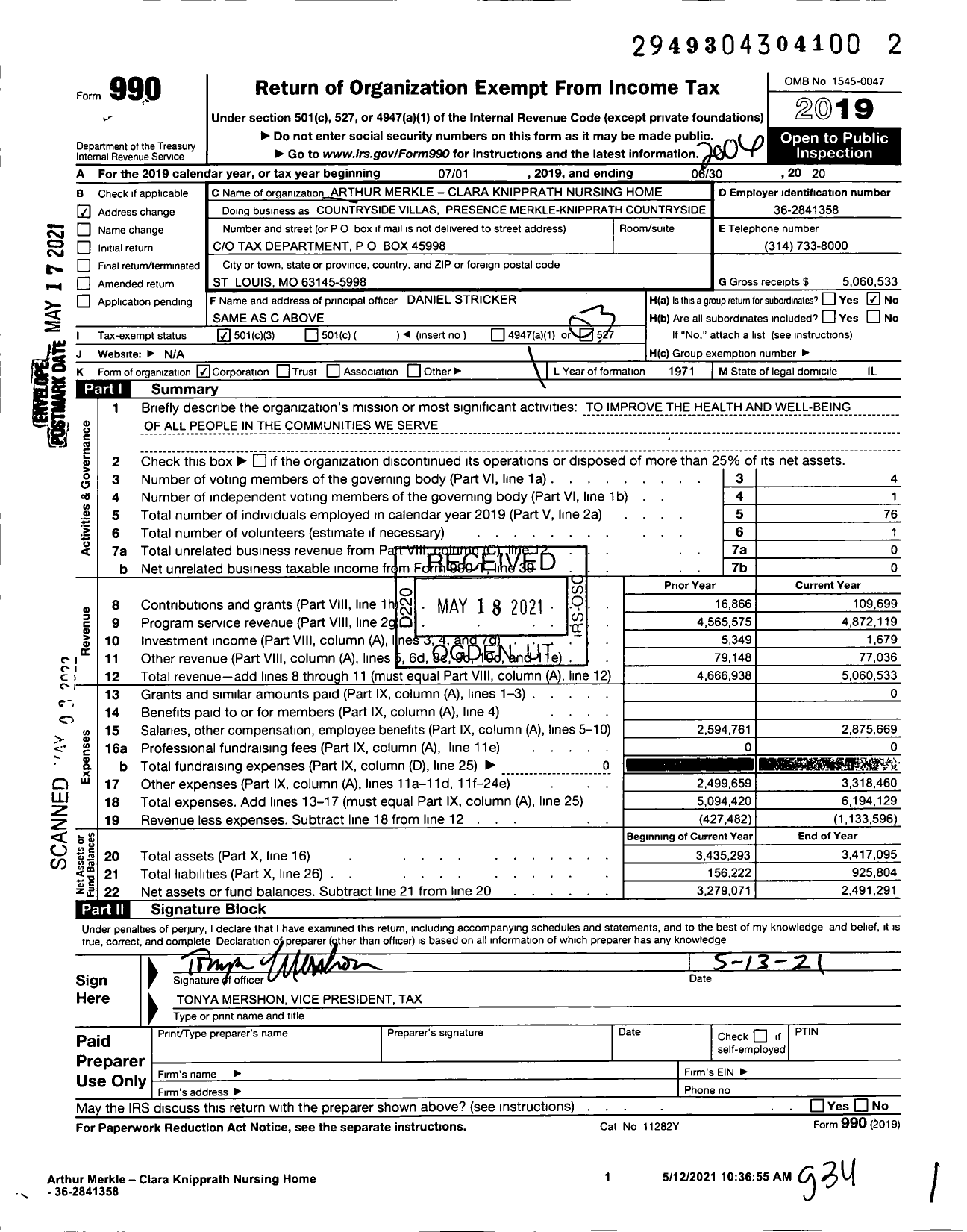 Image of first page of 2019 Form 990 for Arthur Merkle Clara Knipprath Nursing Home