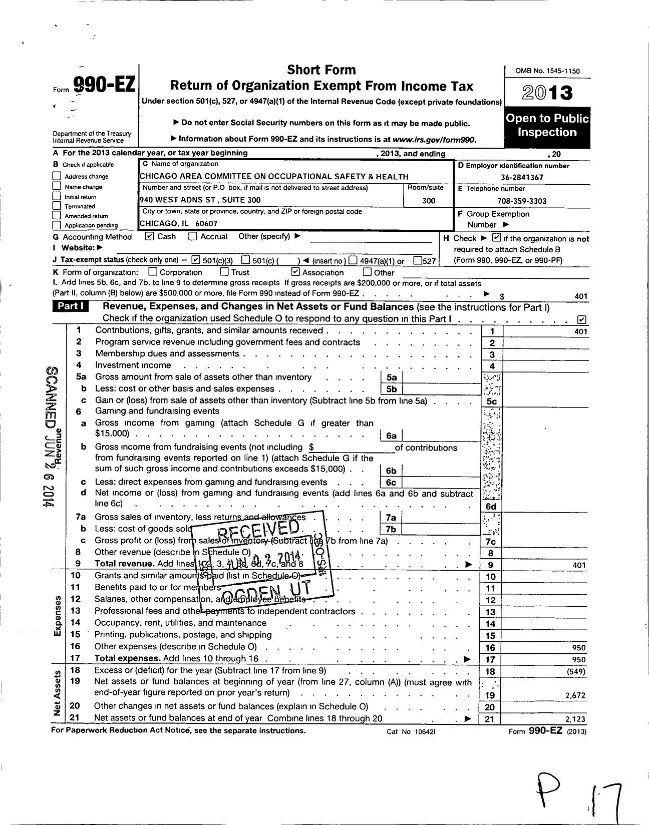 Image of first page of 2013 Form 990EZ for Chicago Area Committee Occupational Safety and Health