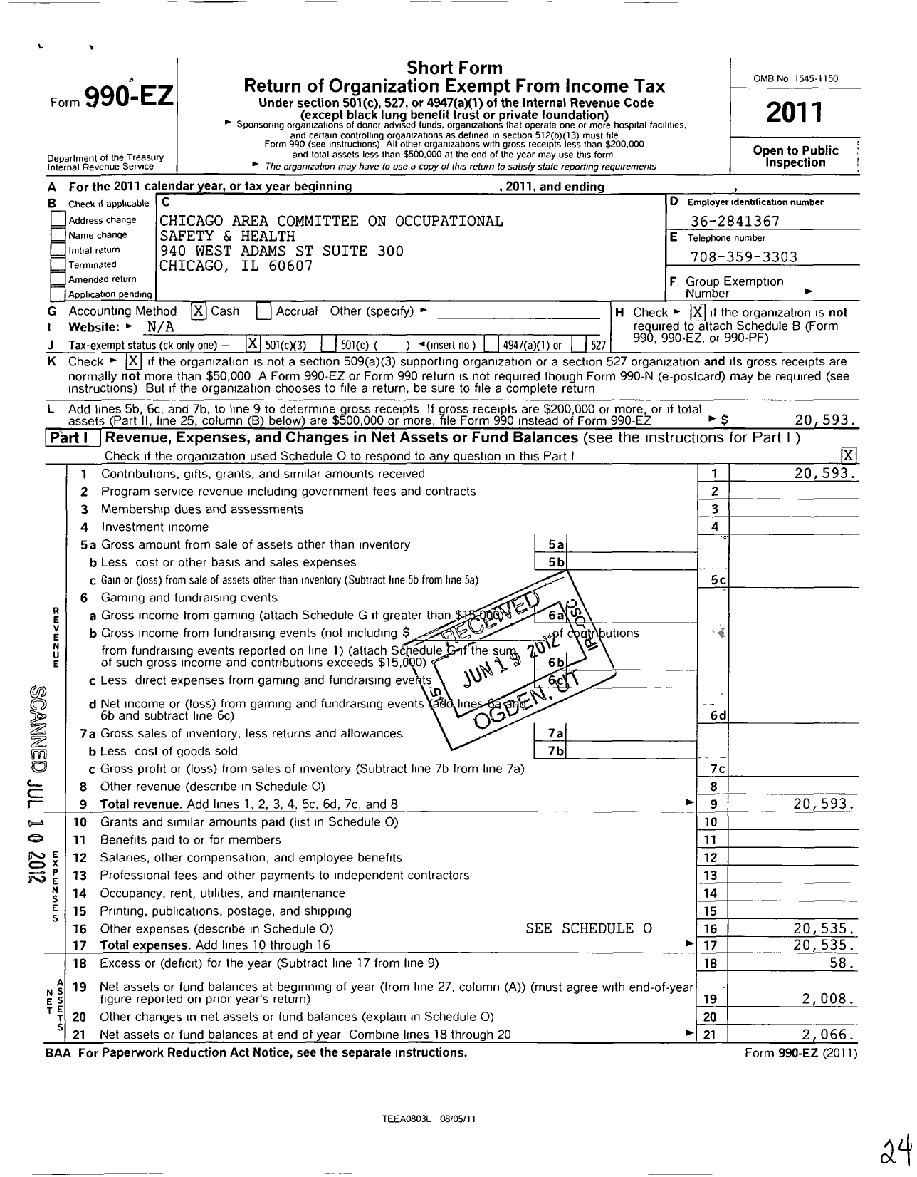 Image of first page of 2011 Form 990EZ for Chicago Area Committee Occupational Safety and Health