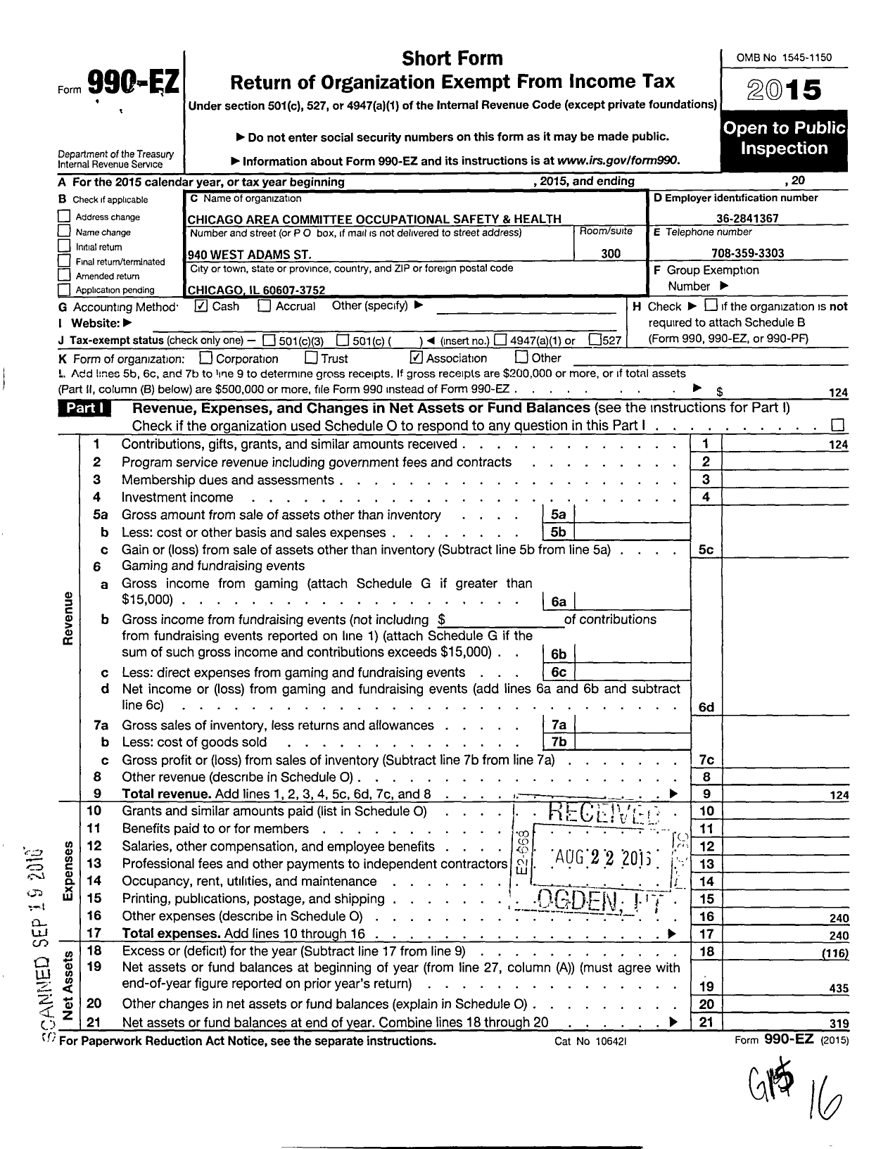 Image of first page of 2015 Form 990EO for Chicago Area Committee Occupational Safety and Health